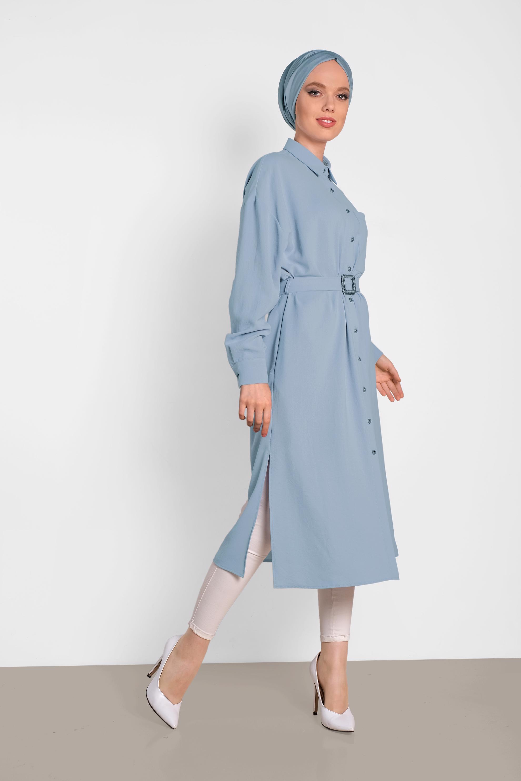 Tesettür giyim MAVİ KEMER DETAYLI UZUN TUNİK 4416 