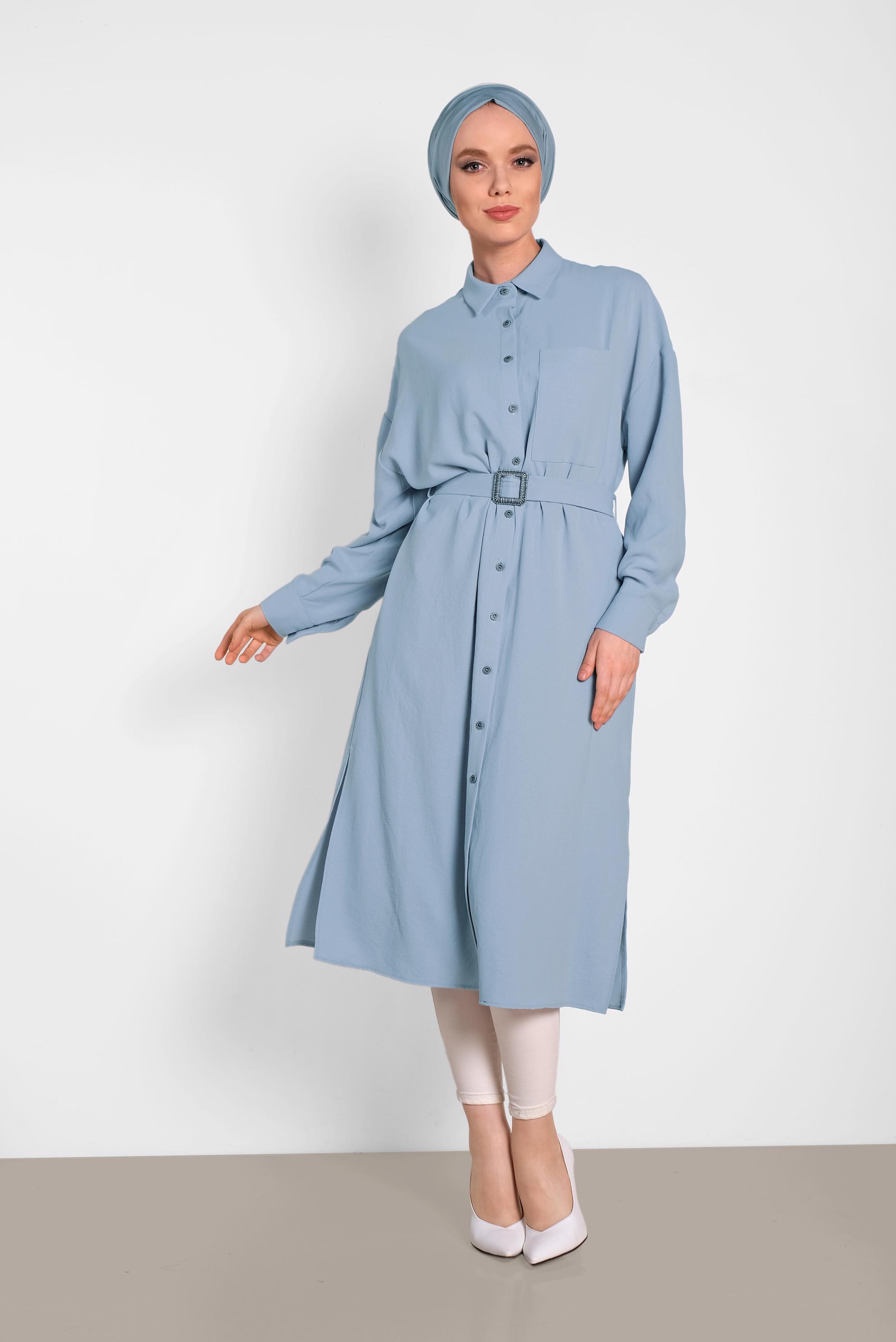 Tesettür giyim MAVİ KEMER DETAYLI UZUN TUNİK 4416 