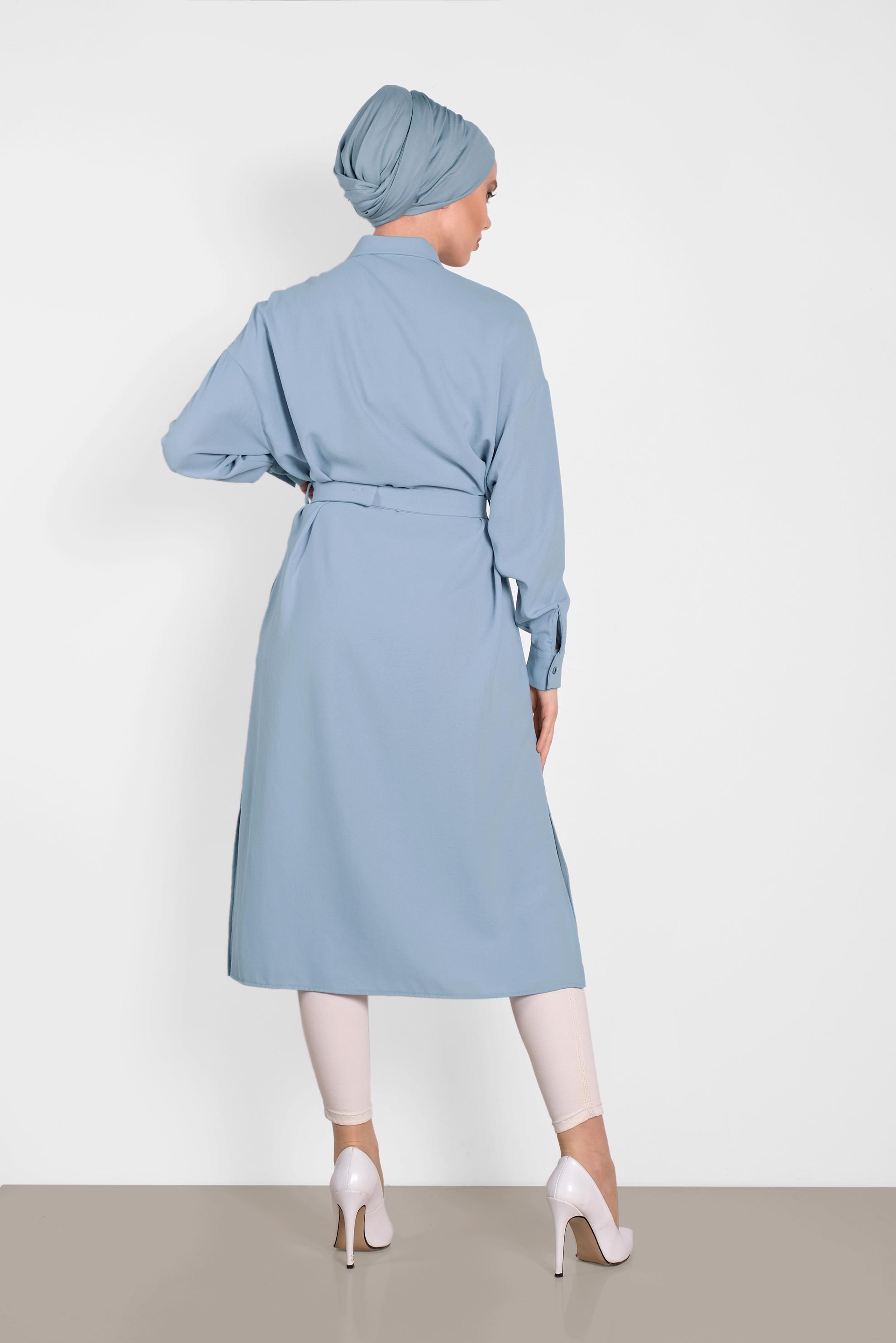 Tesettür giyim MAVİ KEMER DETAYLI UZUN TUNİK 4416 