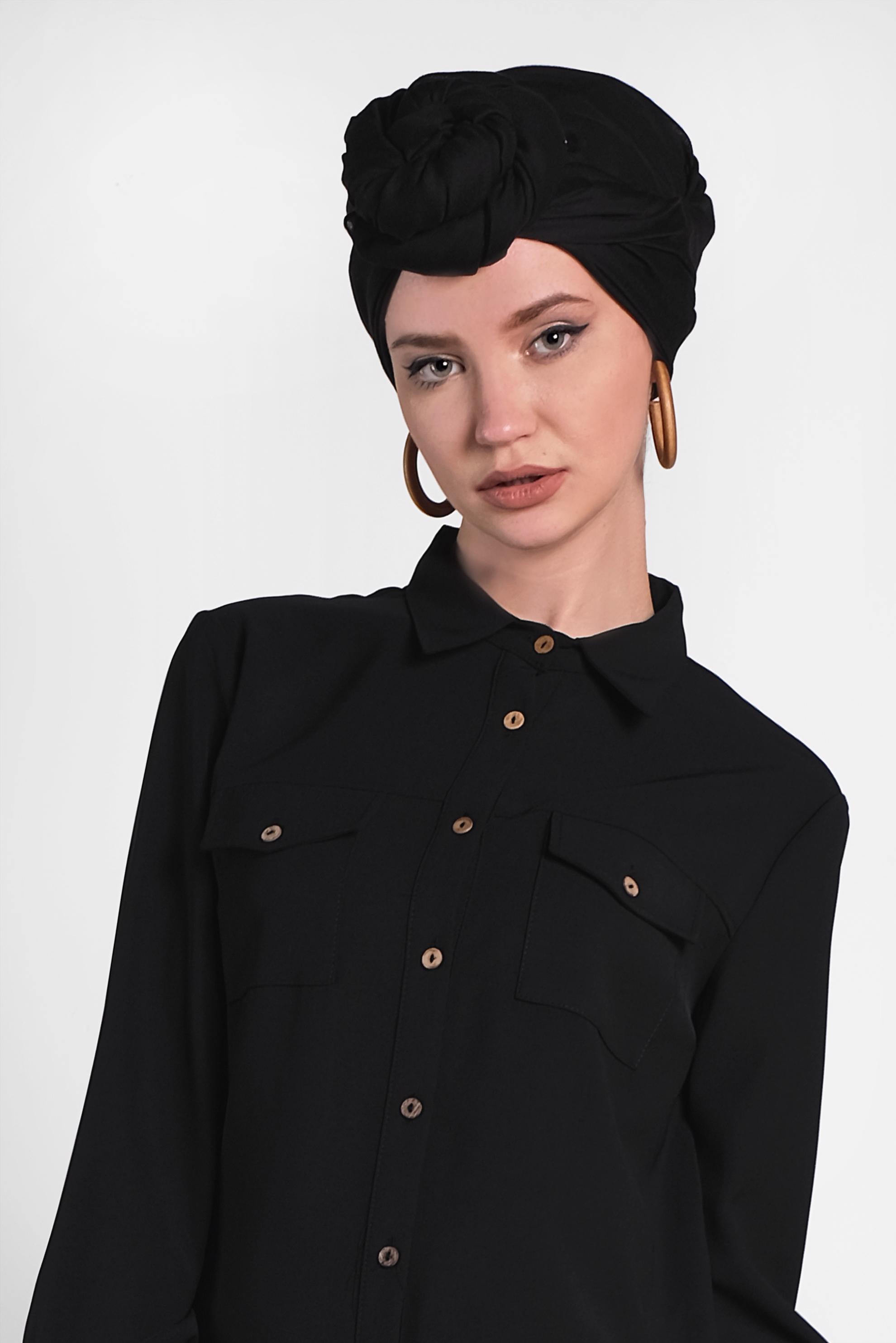 Tesettür giyim SİYAH CEP DETAYLI DÜĞMELİ TUNİK 4418 