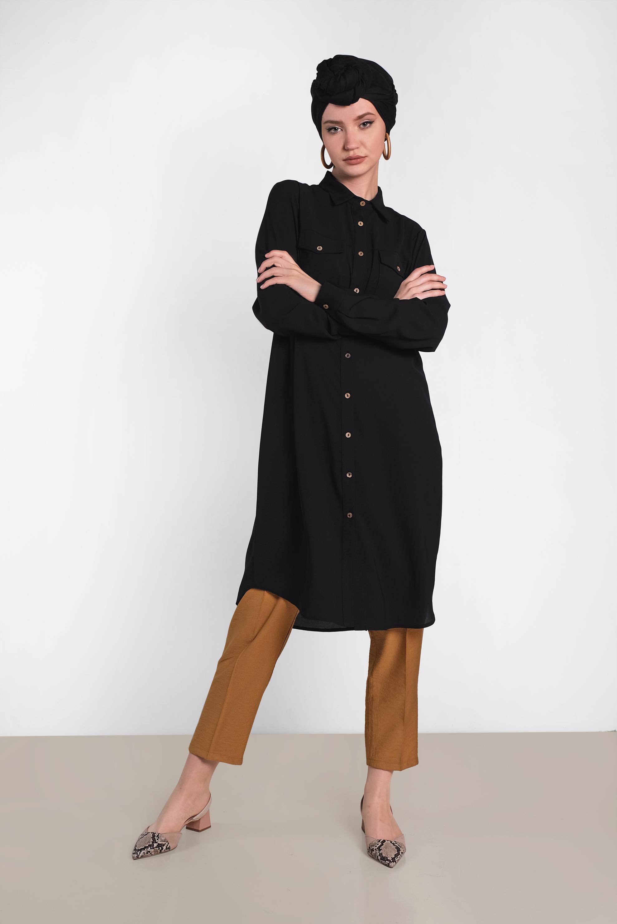 Tesettür giyim SİYAH CEP DETAYLI DÜĞMELİ TUNİK 4418 