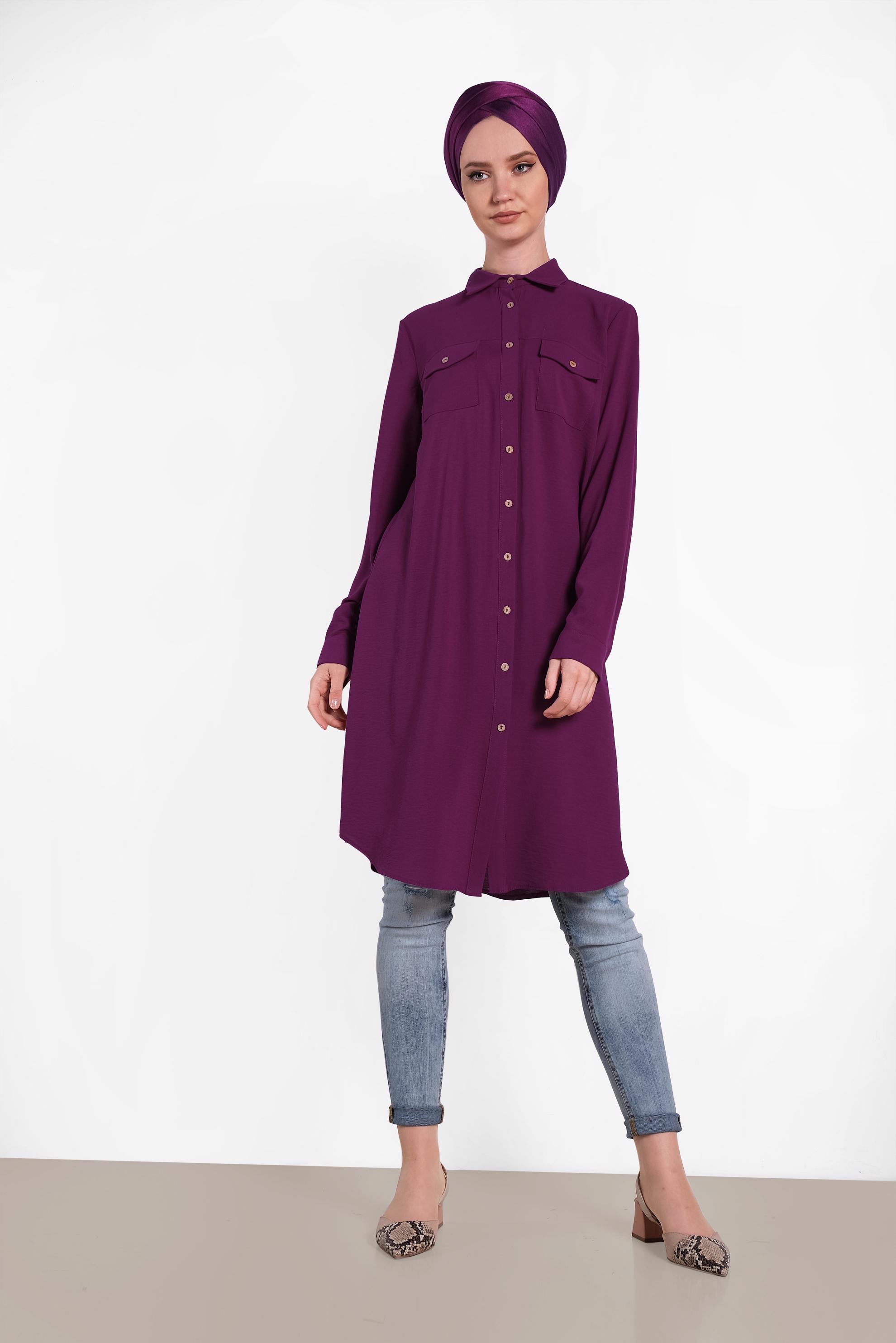 Tesettür giyim MOR CEP DETAYLI DÜĞMELİ TUNİK 4418 