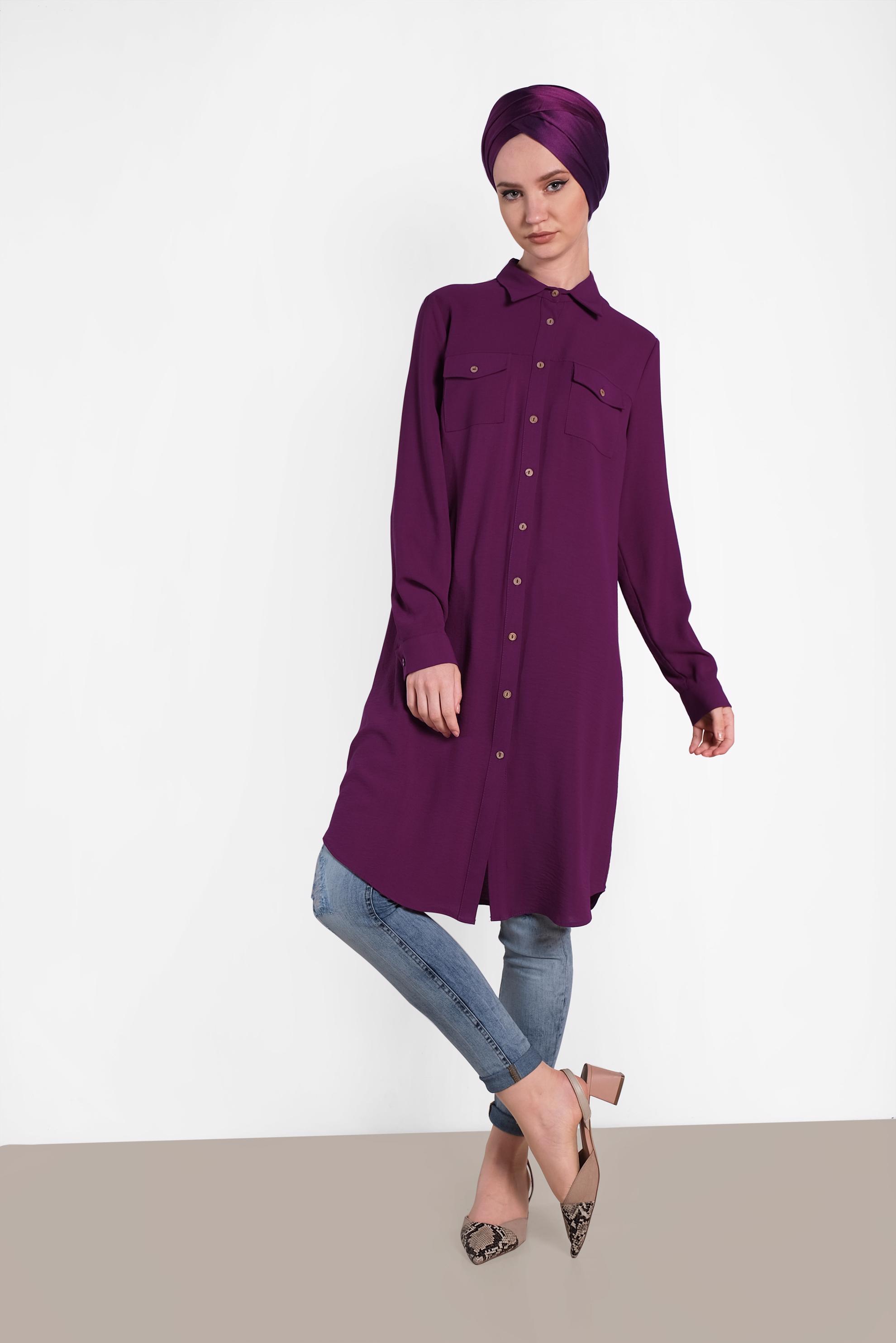 Tesettür giyim MOR CEP DETAYLI DÜĞMELİ TUNİK 4418 