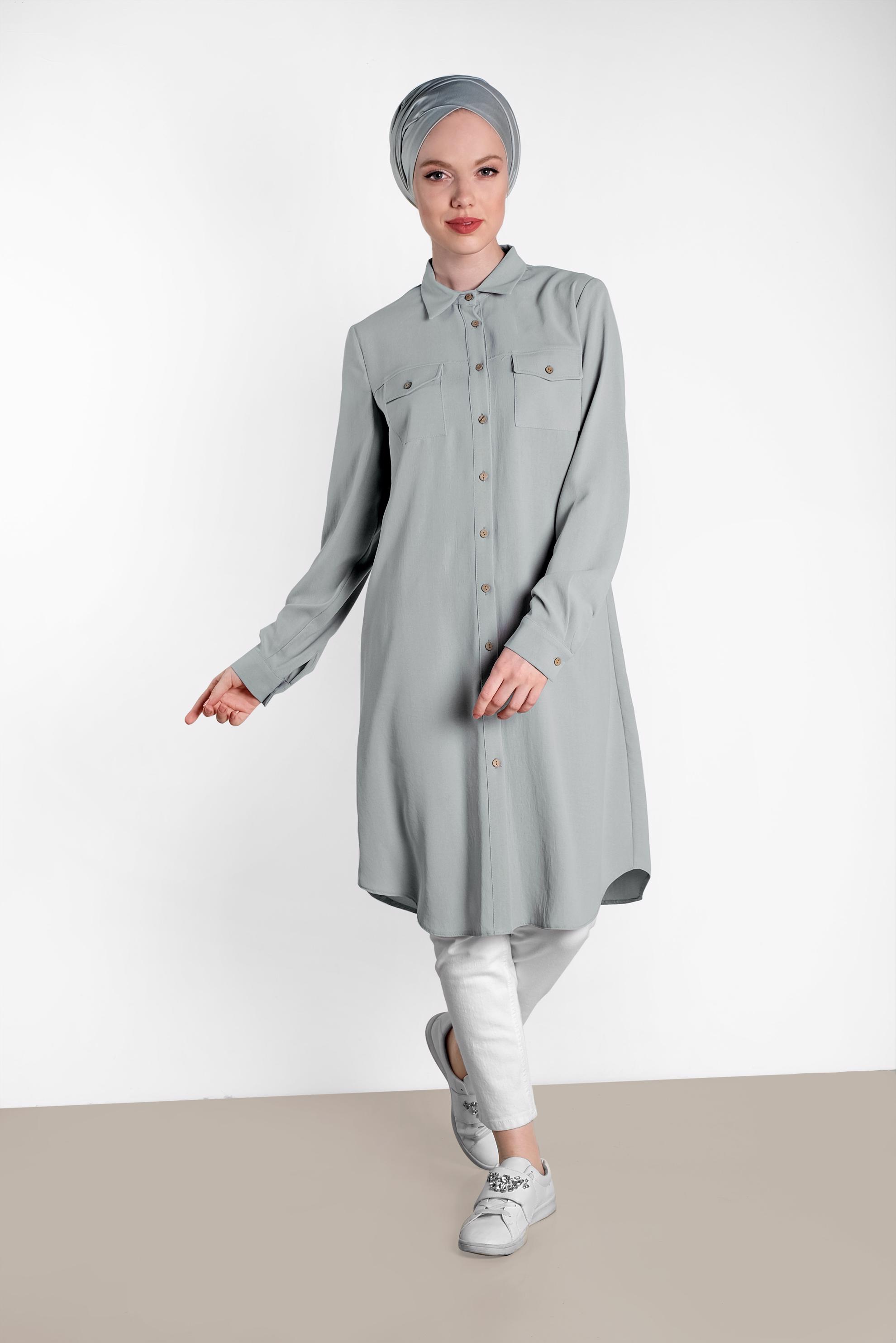 Tesettür giyim GRİ CEP DETAYLI DÜĞMELİ TUNİK 4418 