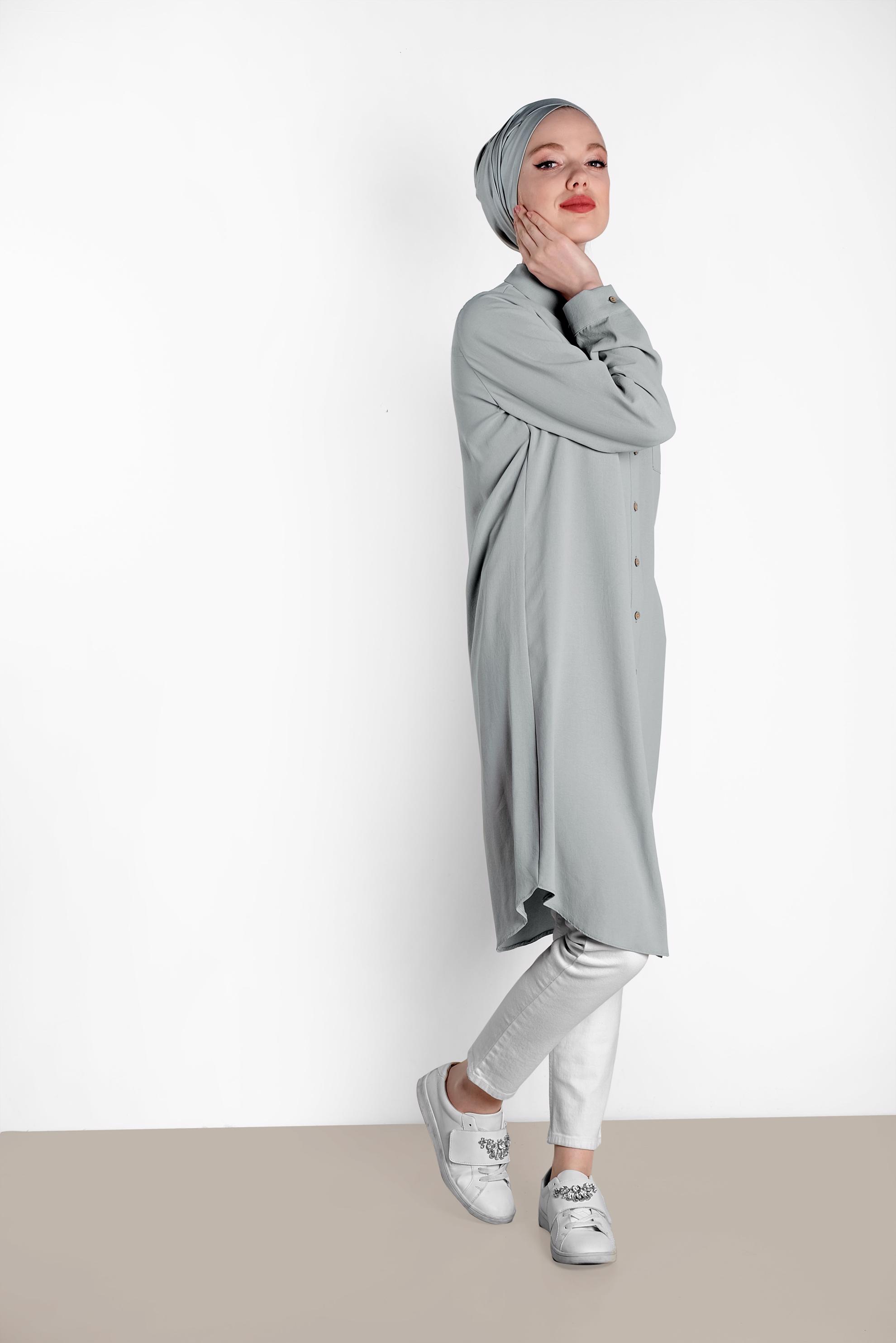 Tesettür giyim GRİ CEP DETAYLI DÜĞMELİ TUNİK 4418 