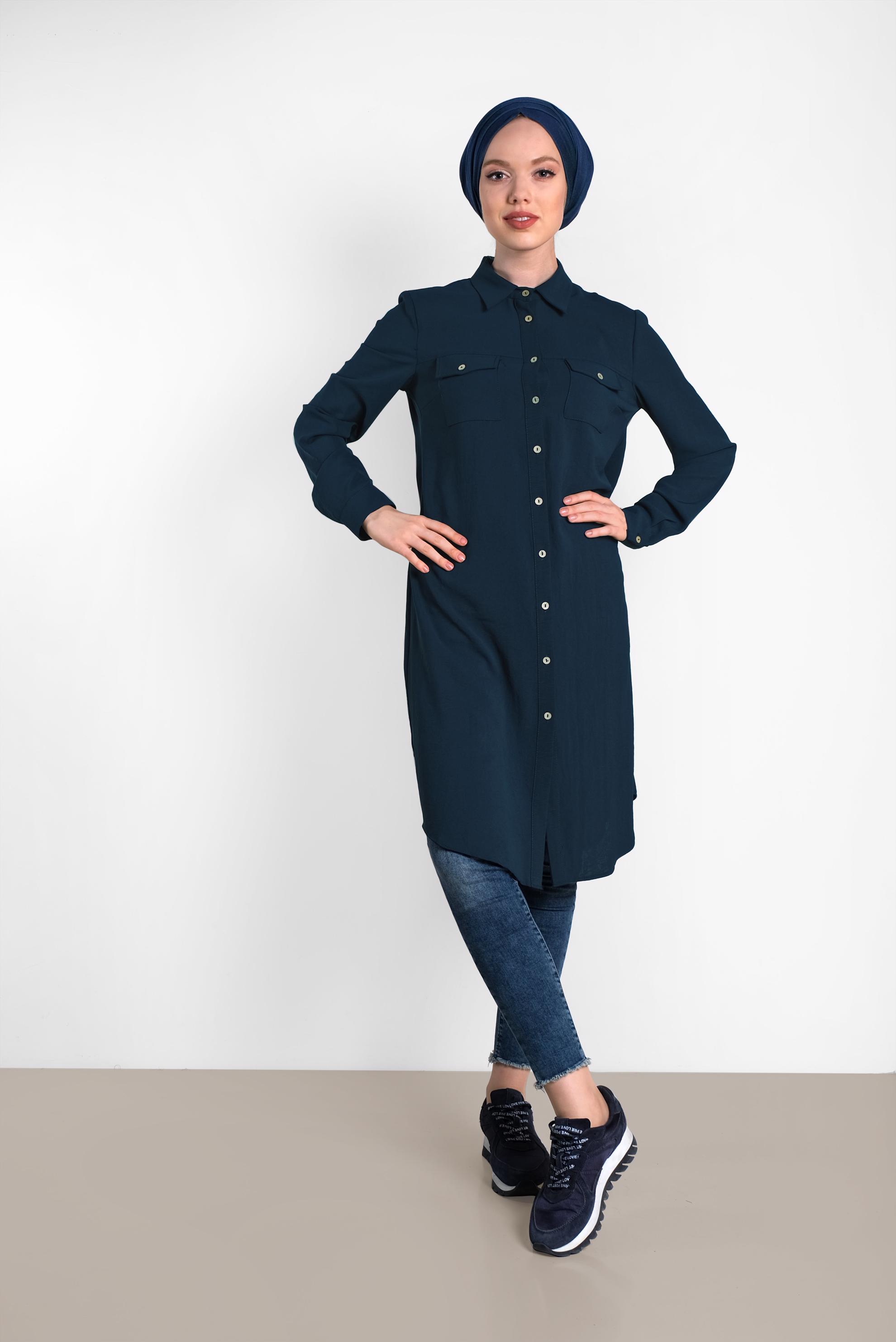 Tesettür giyim LACİVERT CEP DETAYLI DÜĞMELİ TUNİK 4418 