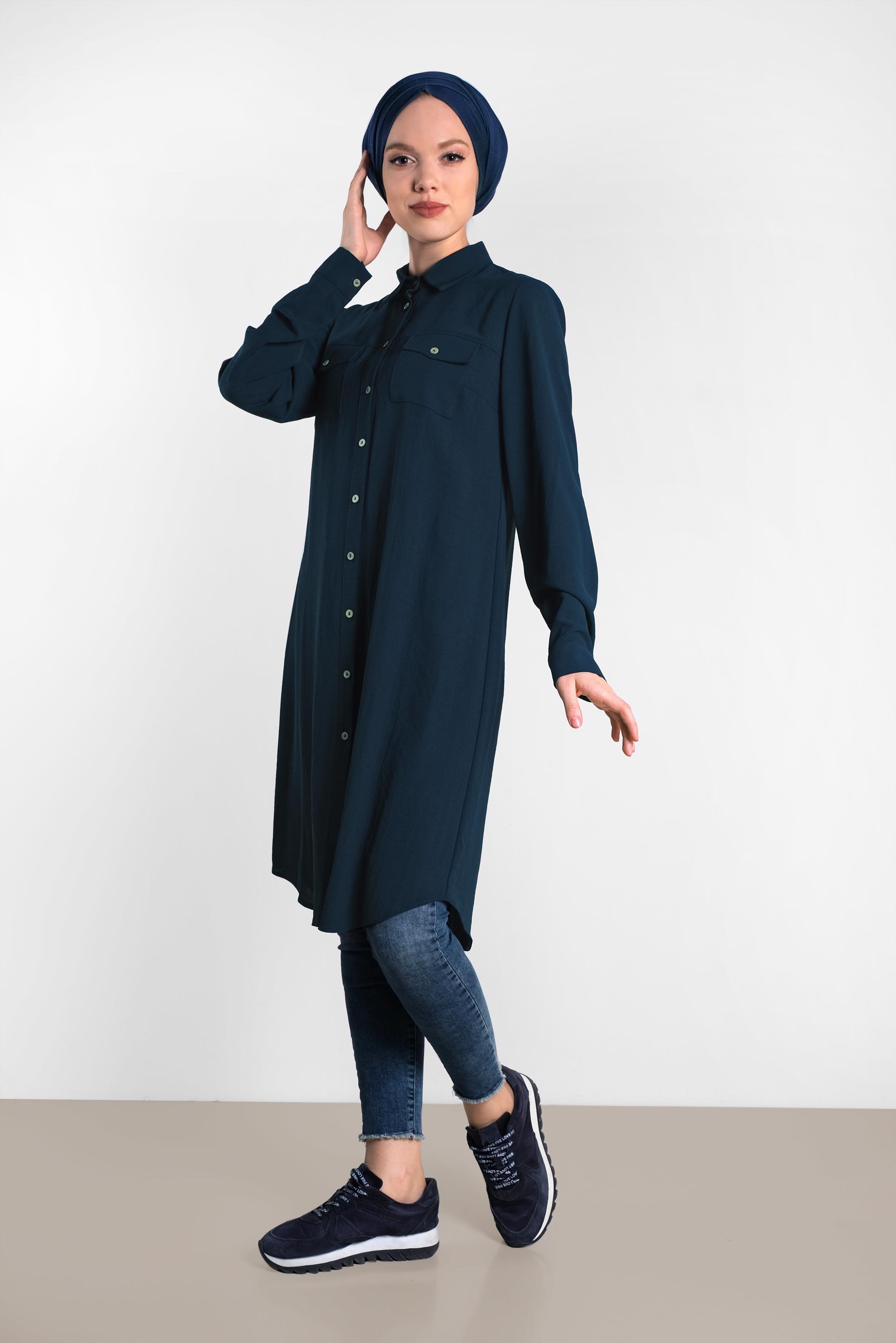 Tesettür giyim LACİVERT CEP DETAYLI DÜĞMELİ TUNİK 4418 