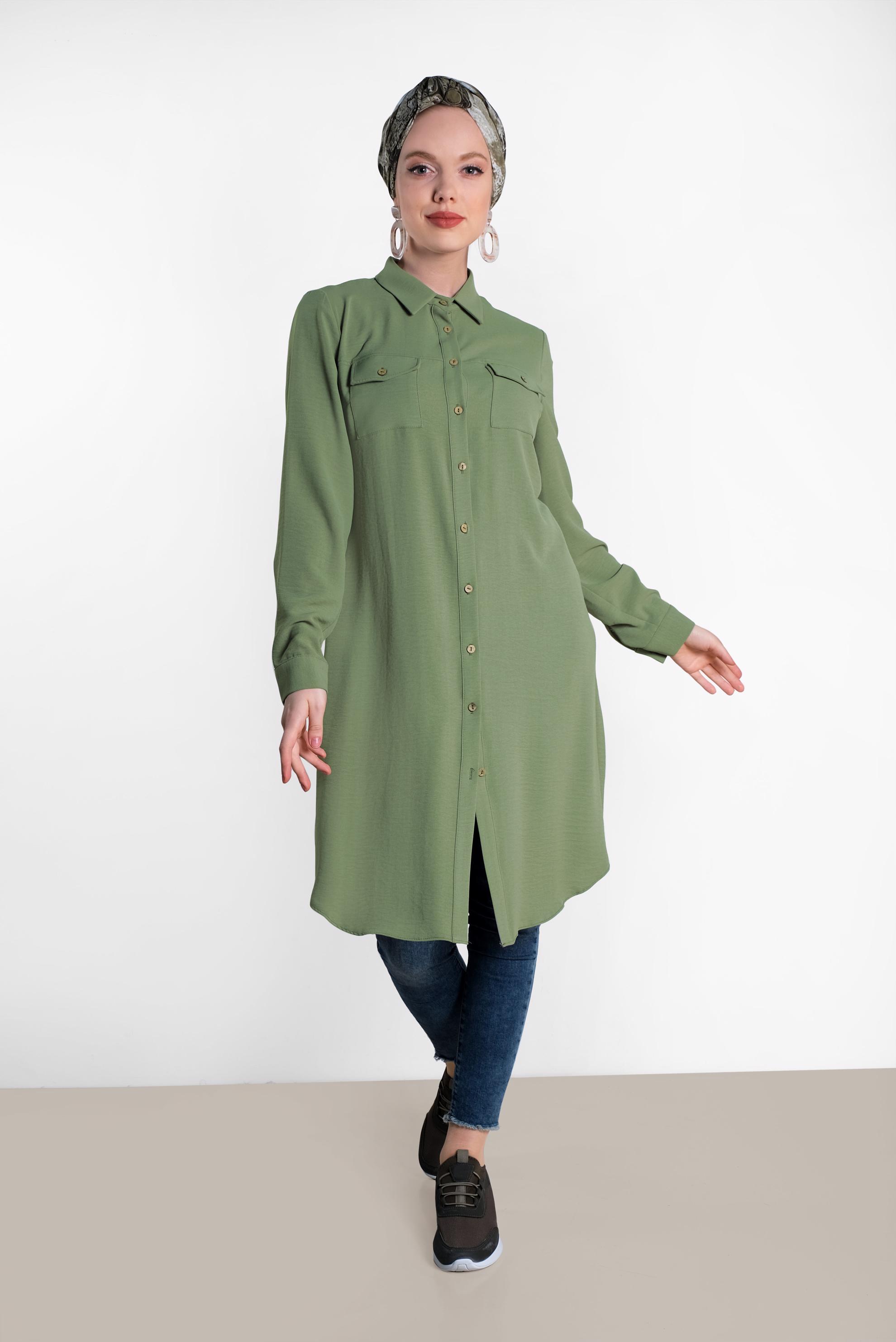 Tesettür giyim YEŞİL CEP DETAYLI DÜĞMELİ TUNİK 4418 