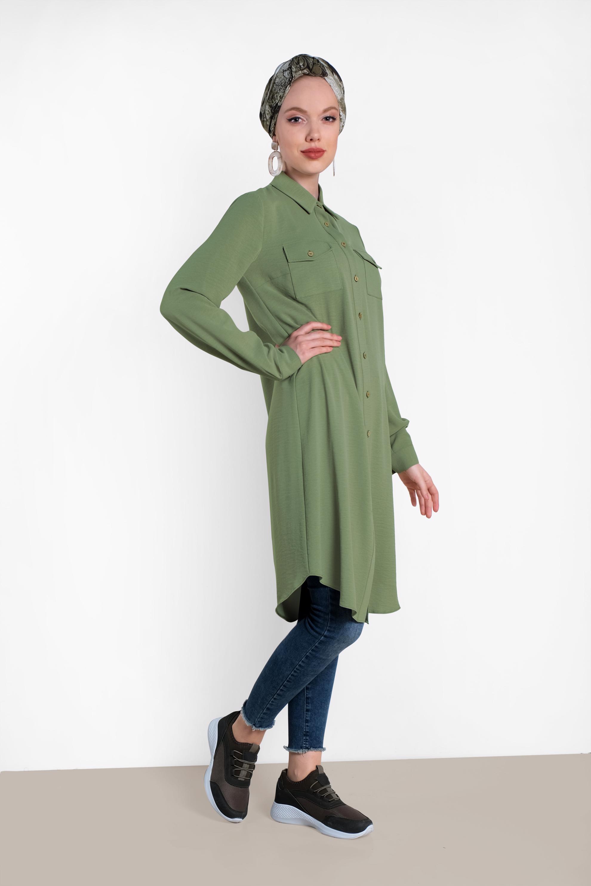 Tesettür giyim YEŞİL CEP DETAYLI DÜĞMELİ TUNİK 4418 