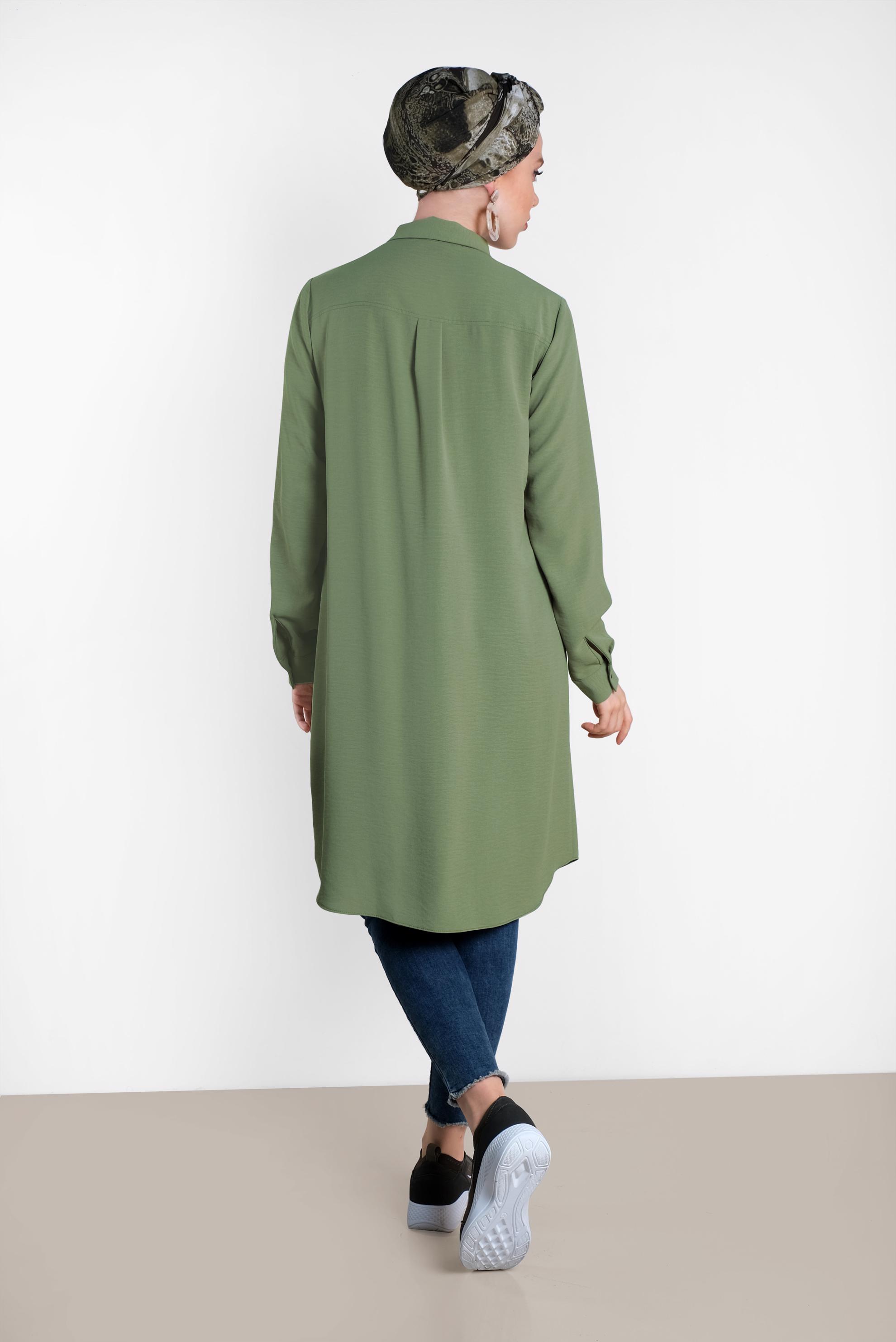 Tesettür giyim YEŞİL CEP DETAYLI DÜĞMELİ TUNİK 4418 