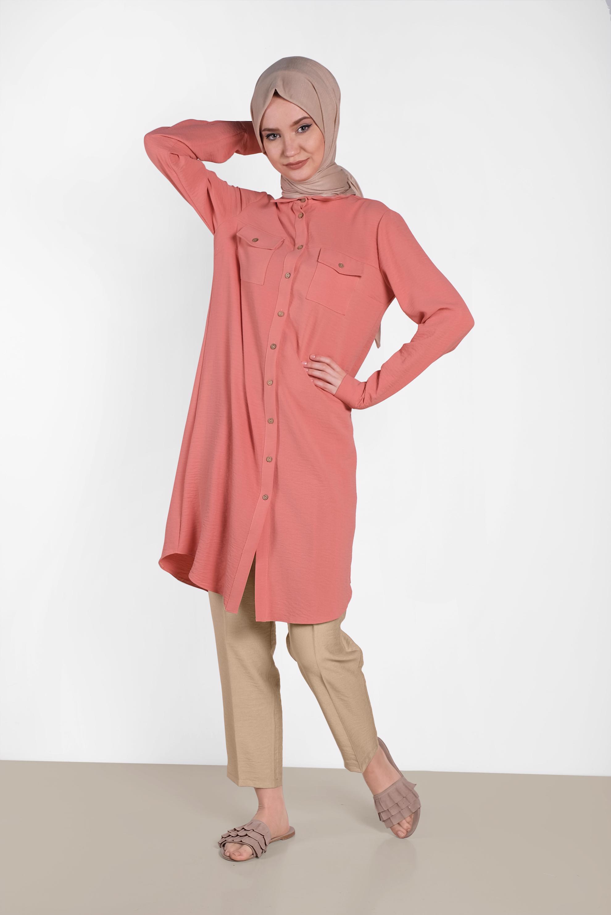 Tesettür giyim PUDRA CEP DETAYLI DÜĞMELİ TUNİK 4418 