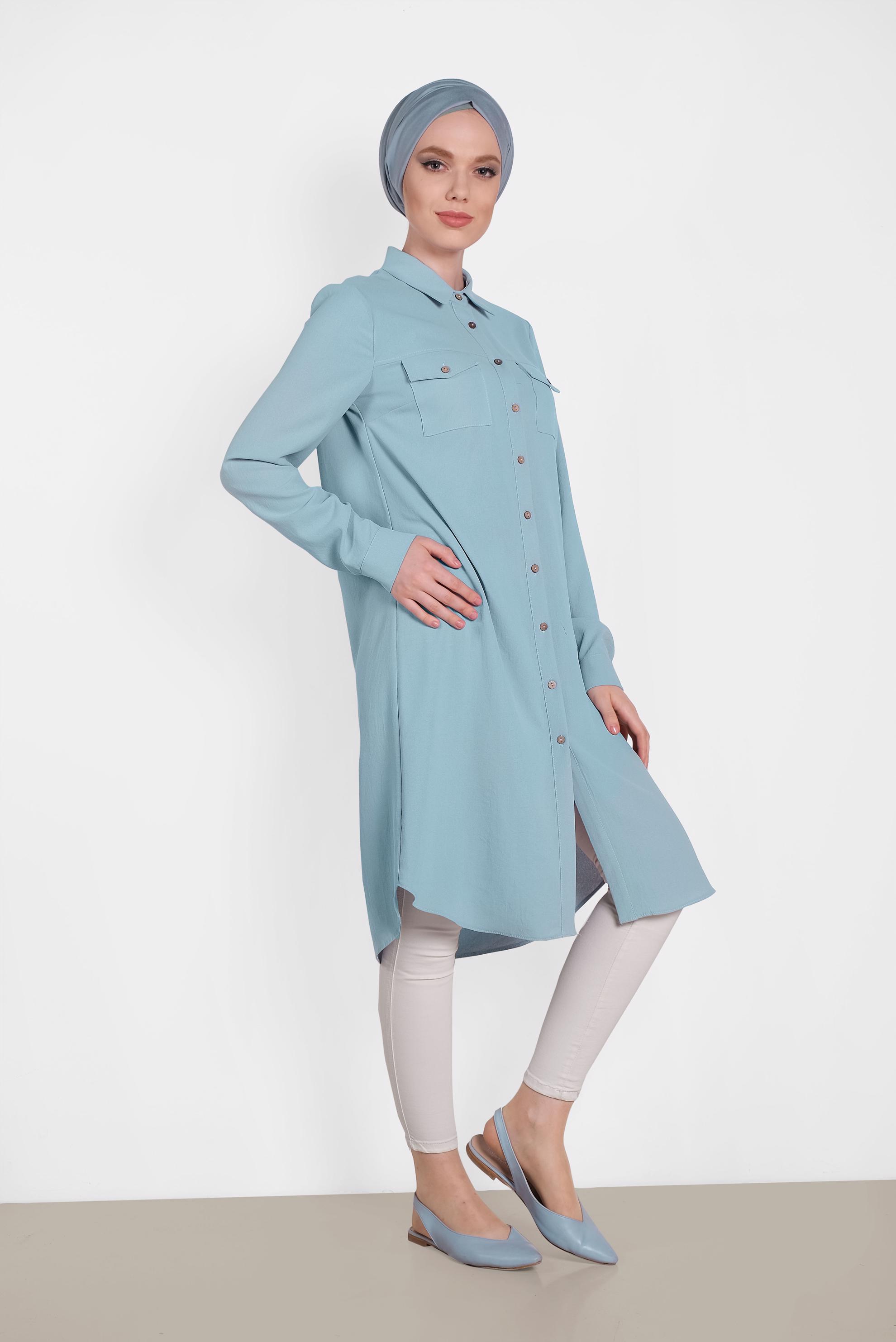 Tesettür giyim MAVİ CEP DETAYLI DÜĞMELİ TUNİK 4418 