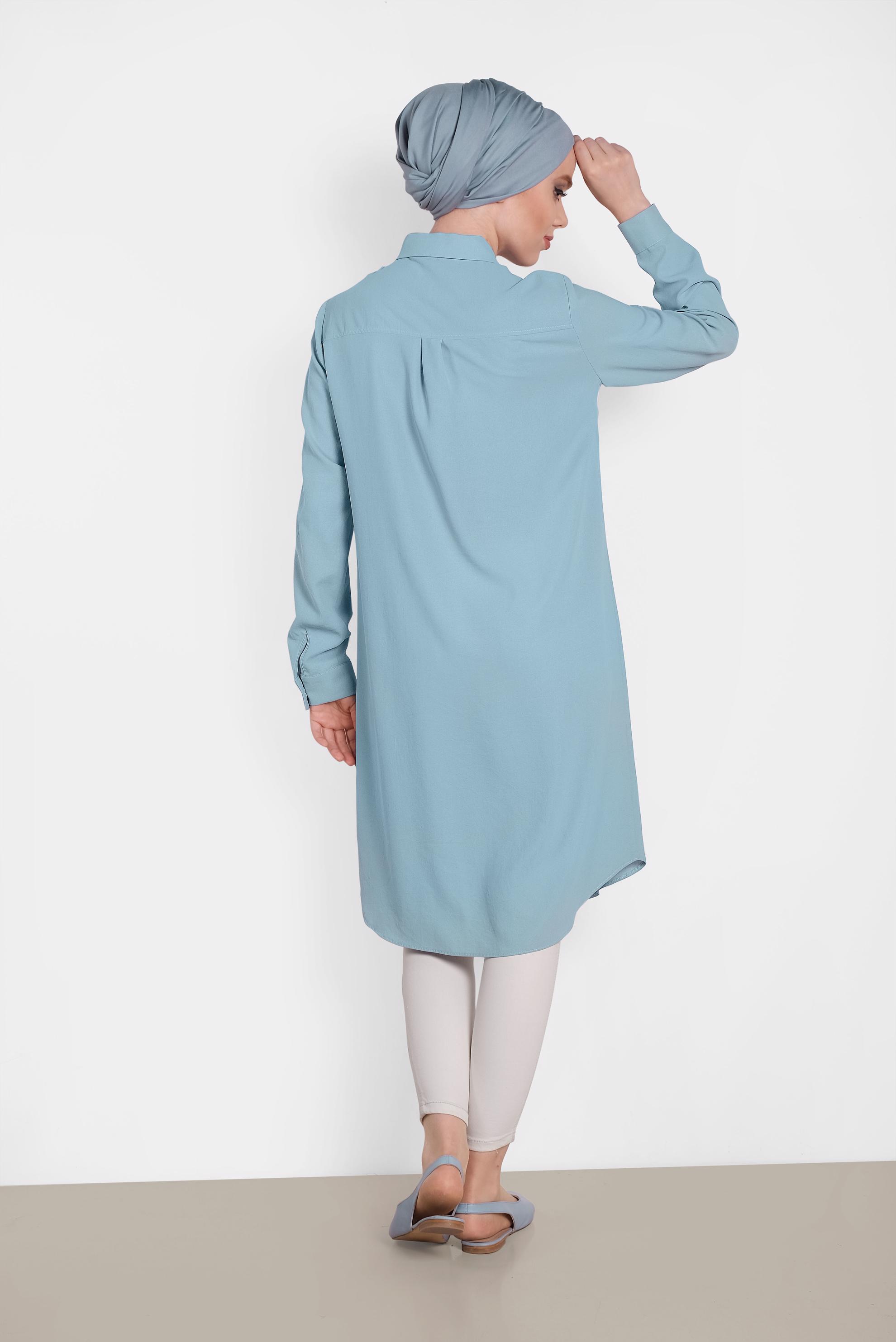 Tesettür giyim MAVİ CEP DETAYLI DÜĞMELİ TUNİK 4418 