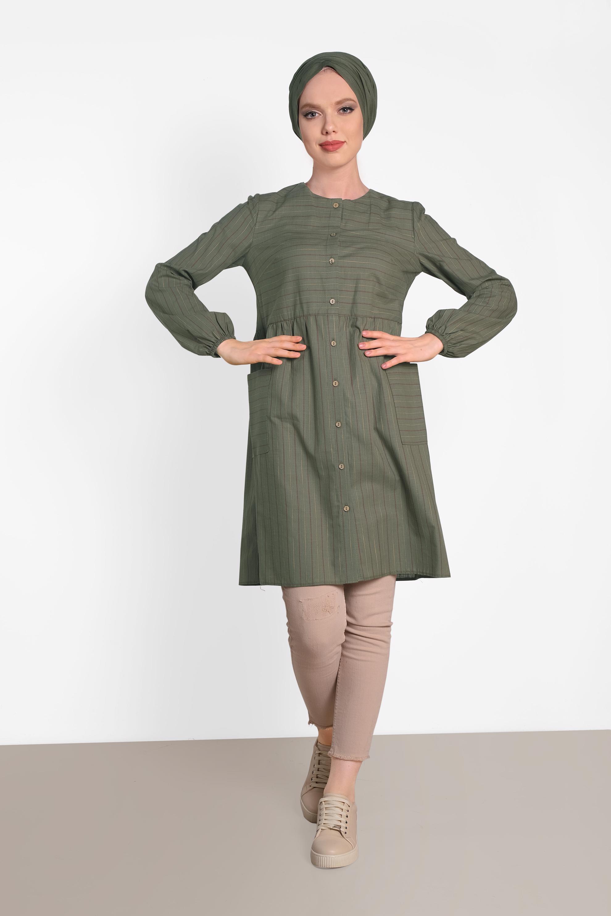 Tesettür giyim HAKİ ÇİZGİLİ TUNİK 4440