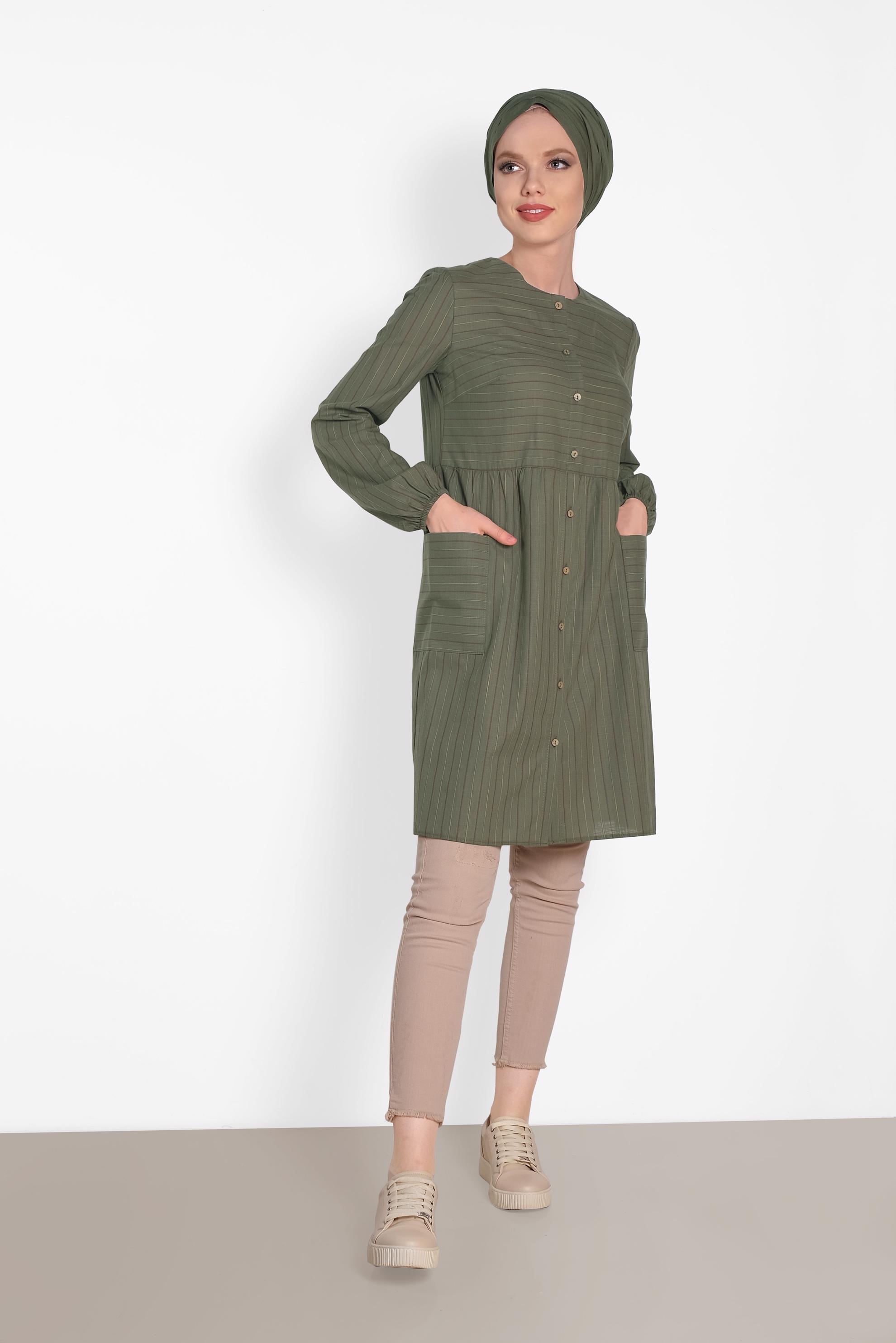 Tesettür giyim HAKİ ÇİZGİLİ TUNİK 4440