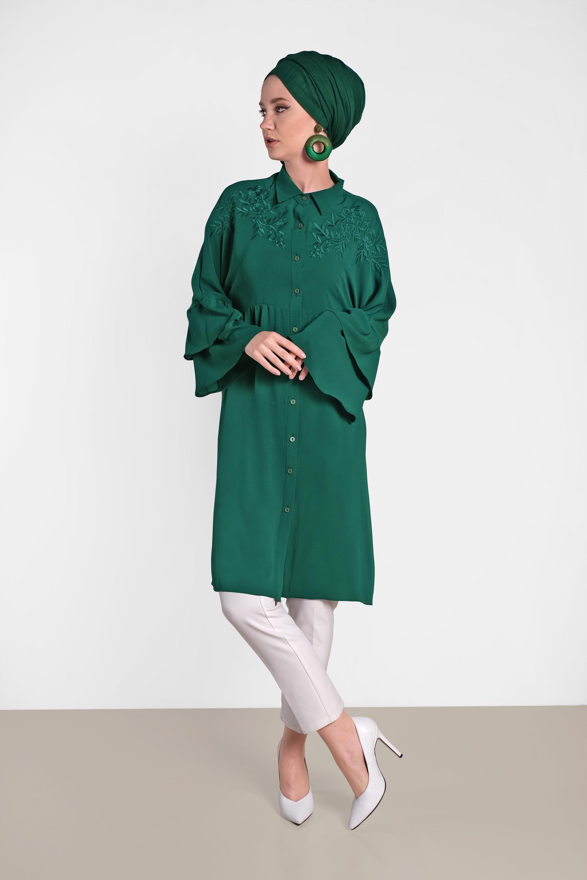 Tesettür giyim YEŞİL NAKIŞ DETAYLI TUNİK 4444