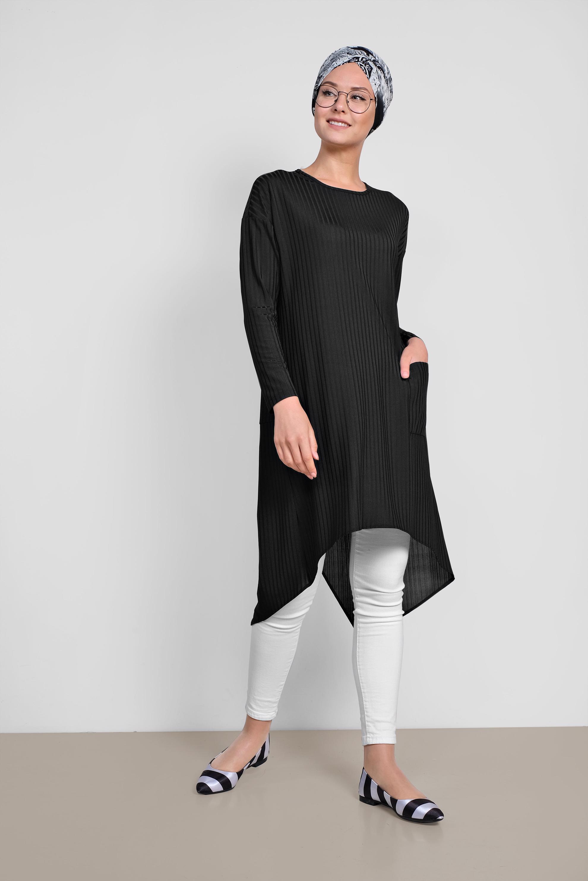 Tesettür giyim SİYAH CEP DETAYLI ASİMETRİK KESİM TUNİK 4448