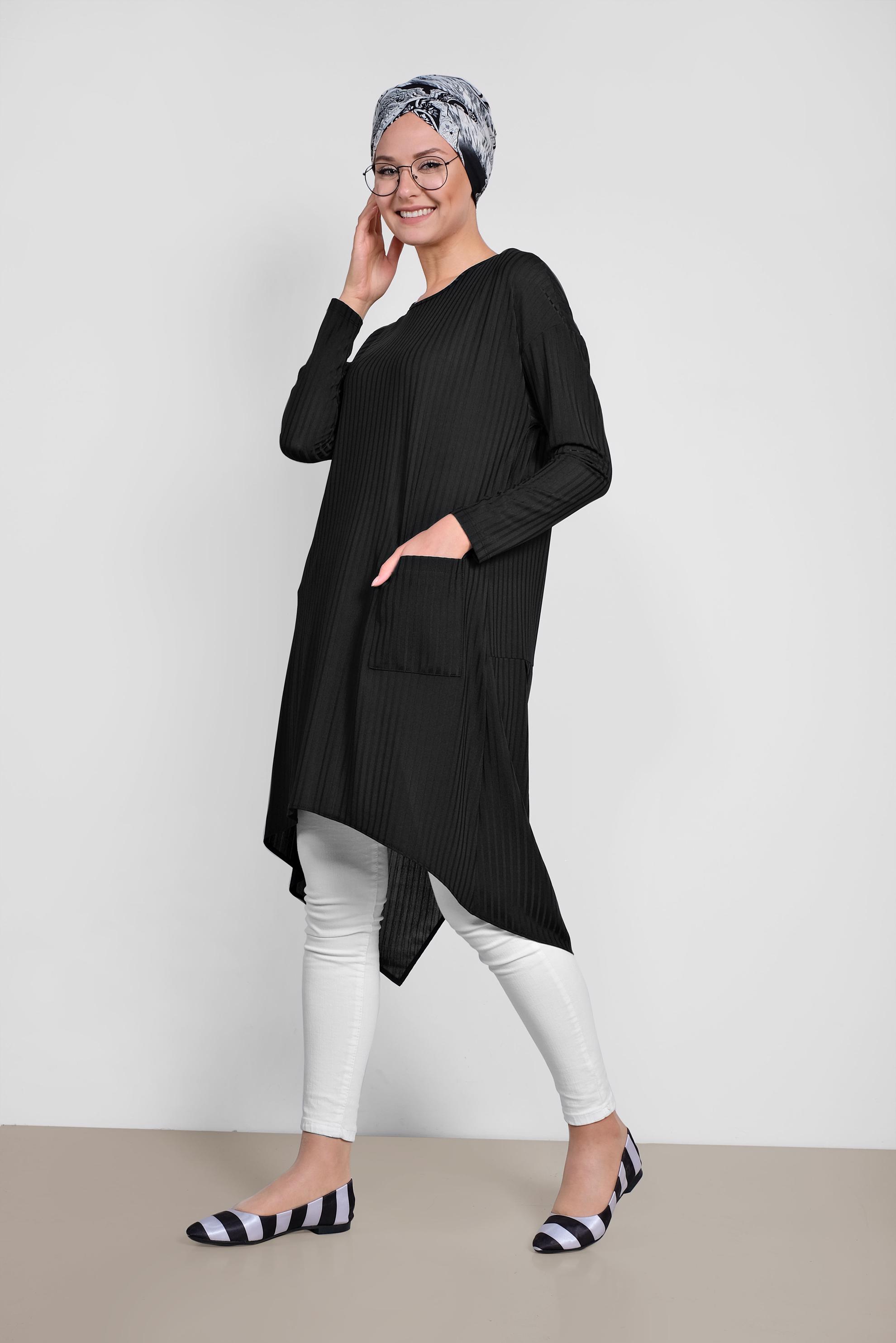 Tesettür giyim SİYAH CEP DETAYLI ASİMETRİK KESİM TUNİK 4448