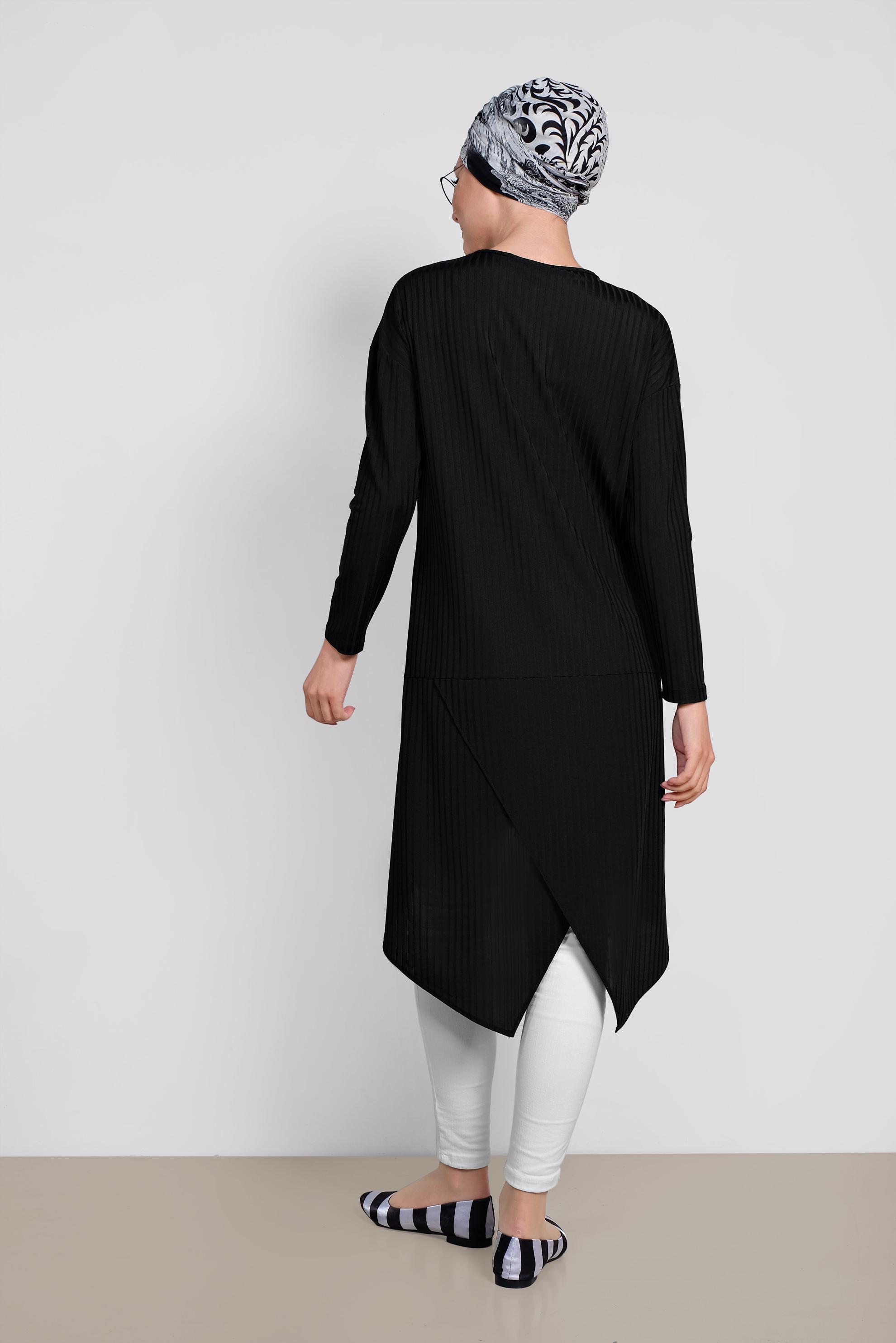 Tesettür giyim SİYAH CEP DETAYLI ASİMETRİK KESİM TUNİK 4448