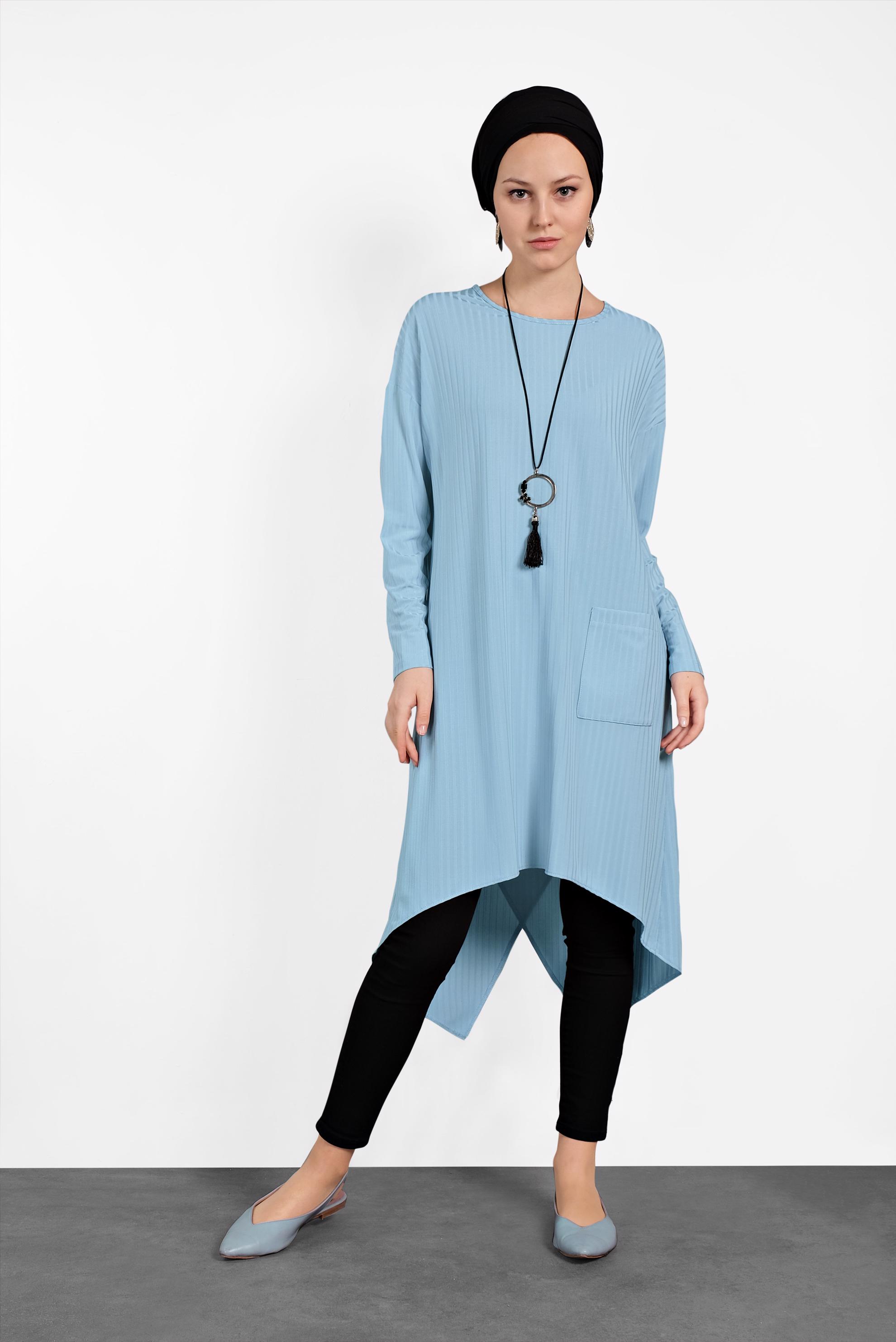 Tesettür giyim MAVİ CEP DETAYLI ASİMETRİK KESİM TUNİK 4448