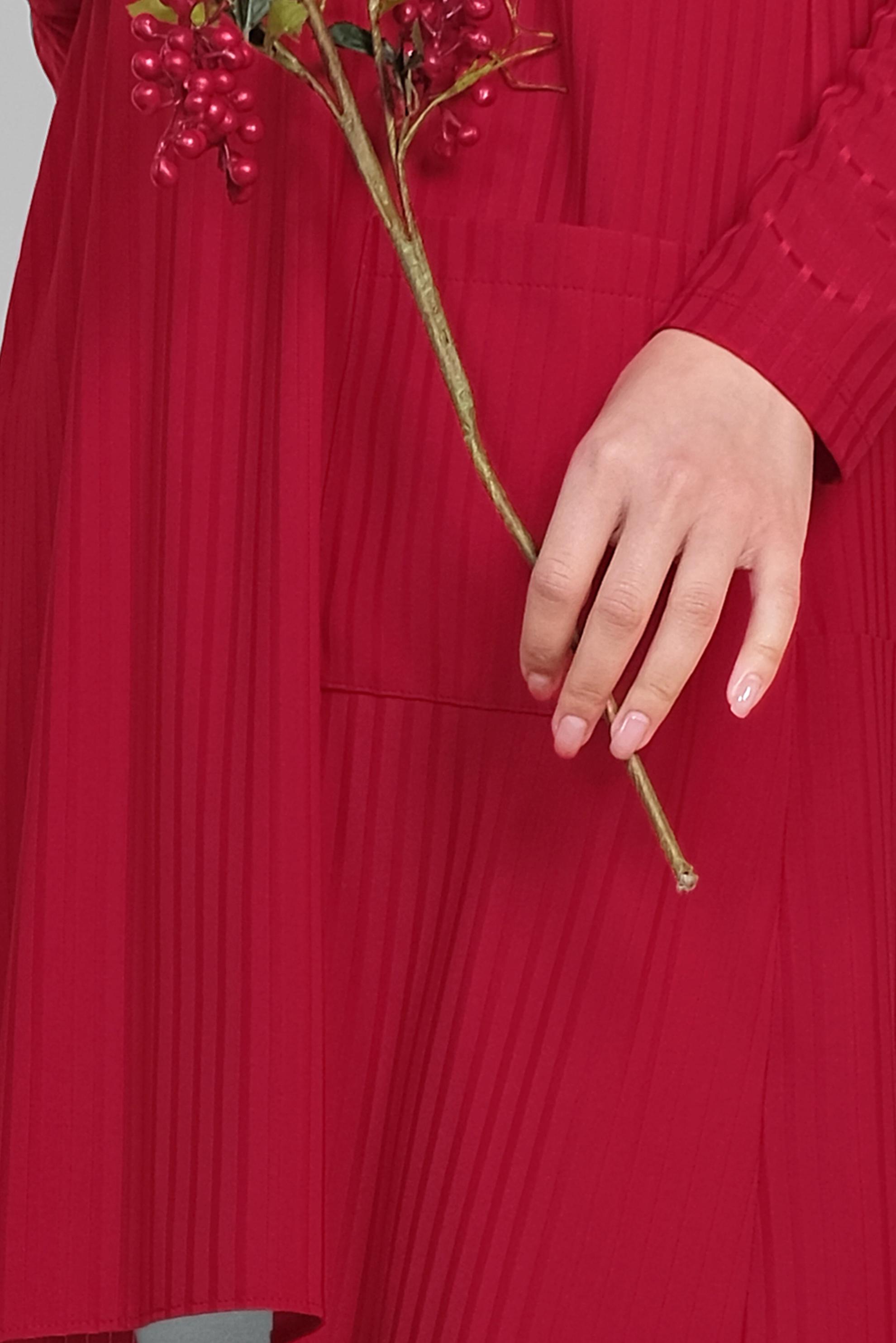 Tesettür giyim KIRMIZI CEP DETAYLI ASİMETRİK KESİM TUNİK 4448