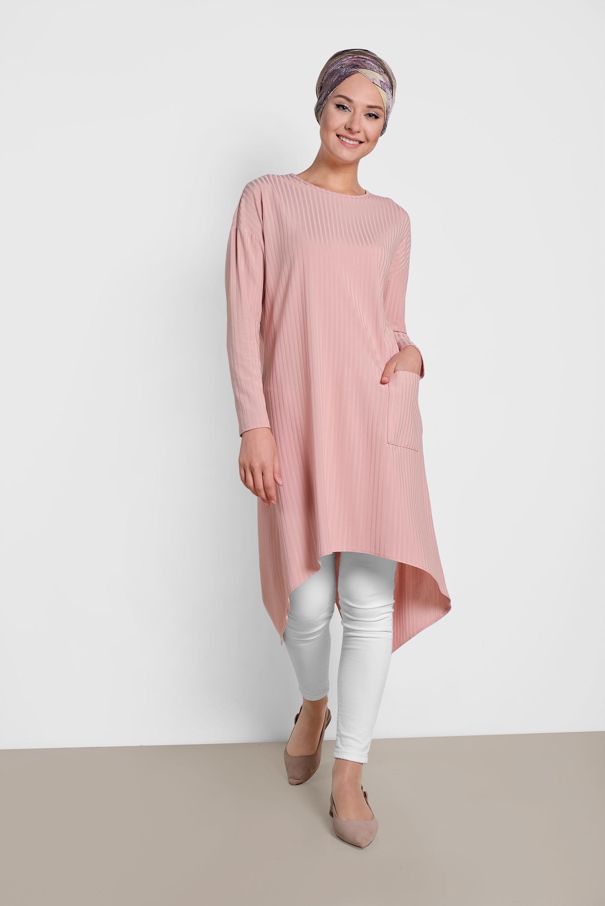 Tesettür giyim PUDRA CEP DETAYLI ASİMETRİK KESİM TUNİK 4448