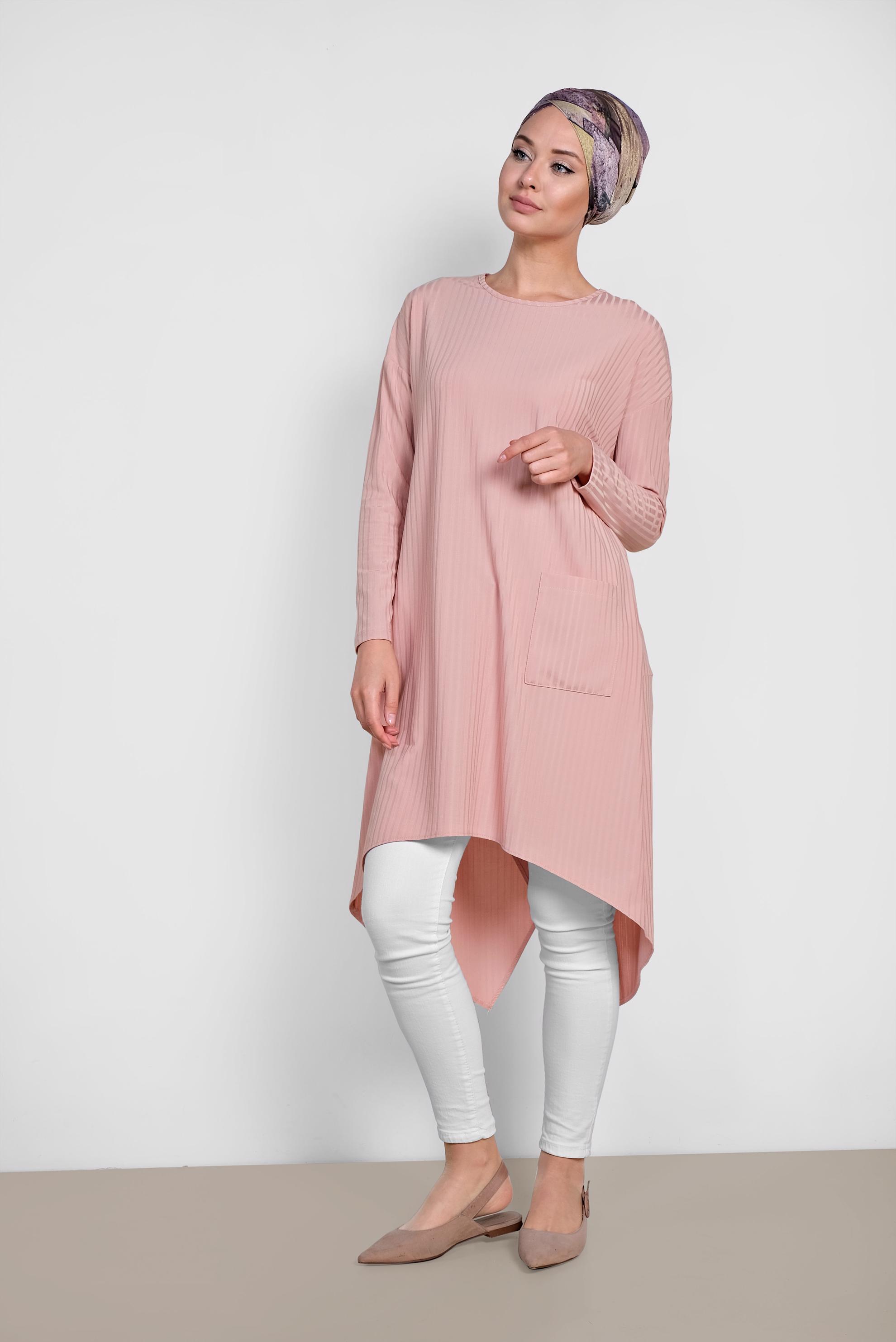 Tesettür giyim PUDRA CEP DETAYLI ASİMETRİK KESİM TUNİK 4448