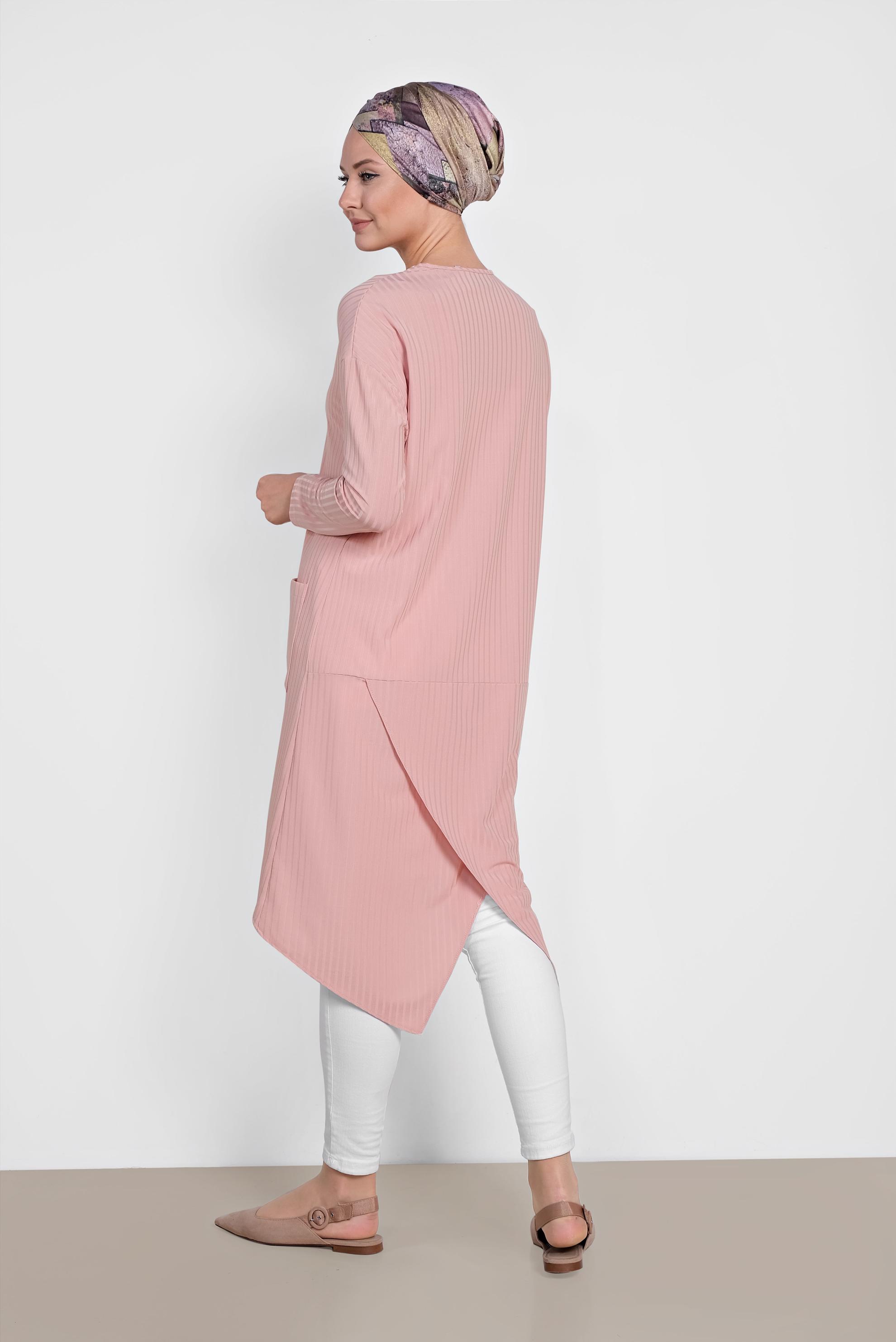 Tesettür giyim PUDRA CEP DETAYLI ASİMETRİK KESİM TUNİK 4448