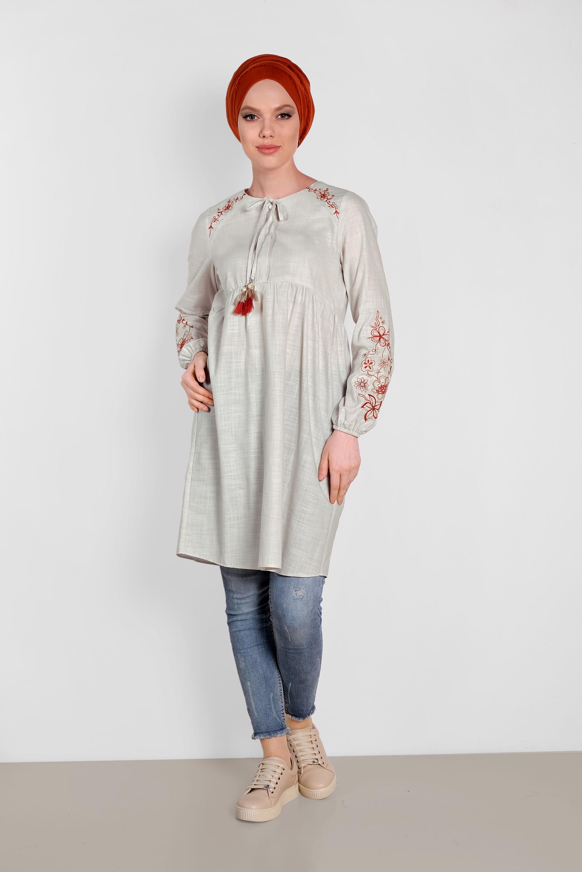 Tesettür giyim BEJ  NAKIŞLI KETEN TUNİK 4472