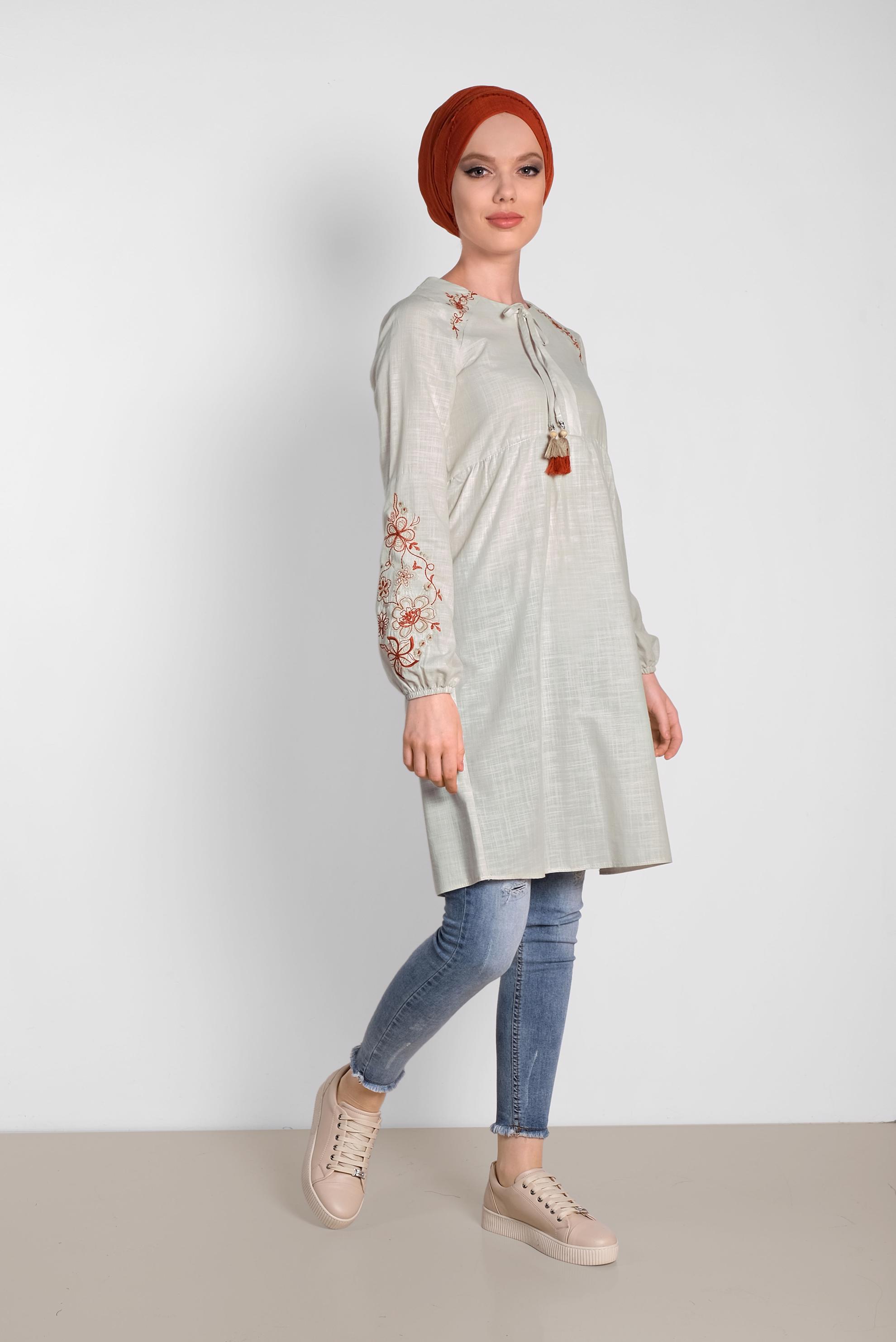 Tesettür giyim BEJ  NAKIŞLI KETEN TUNİK 4472