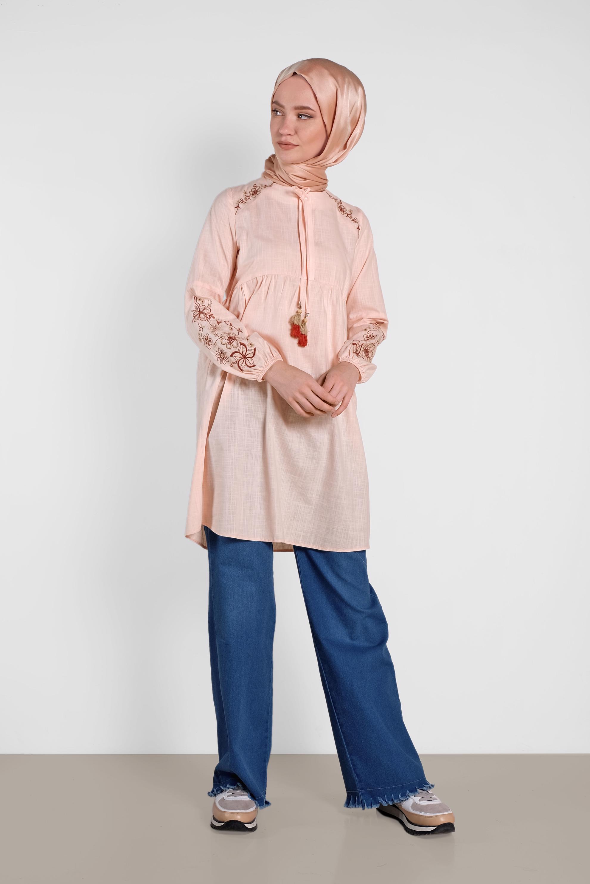 Tesettür giyim PUDRA  NAKIŞLI KETEN TUNİK 4472