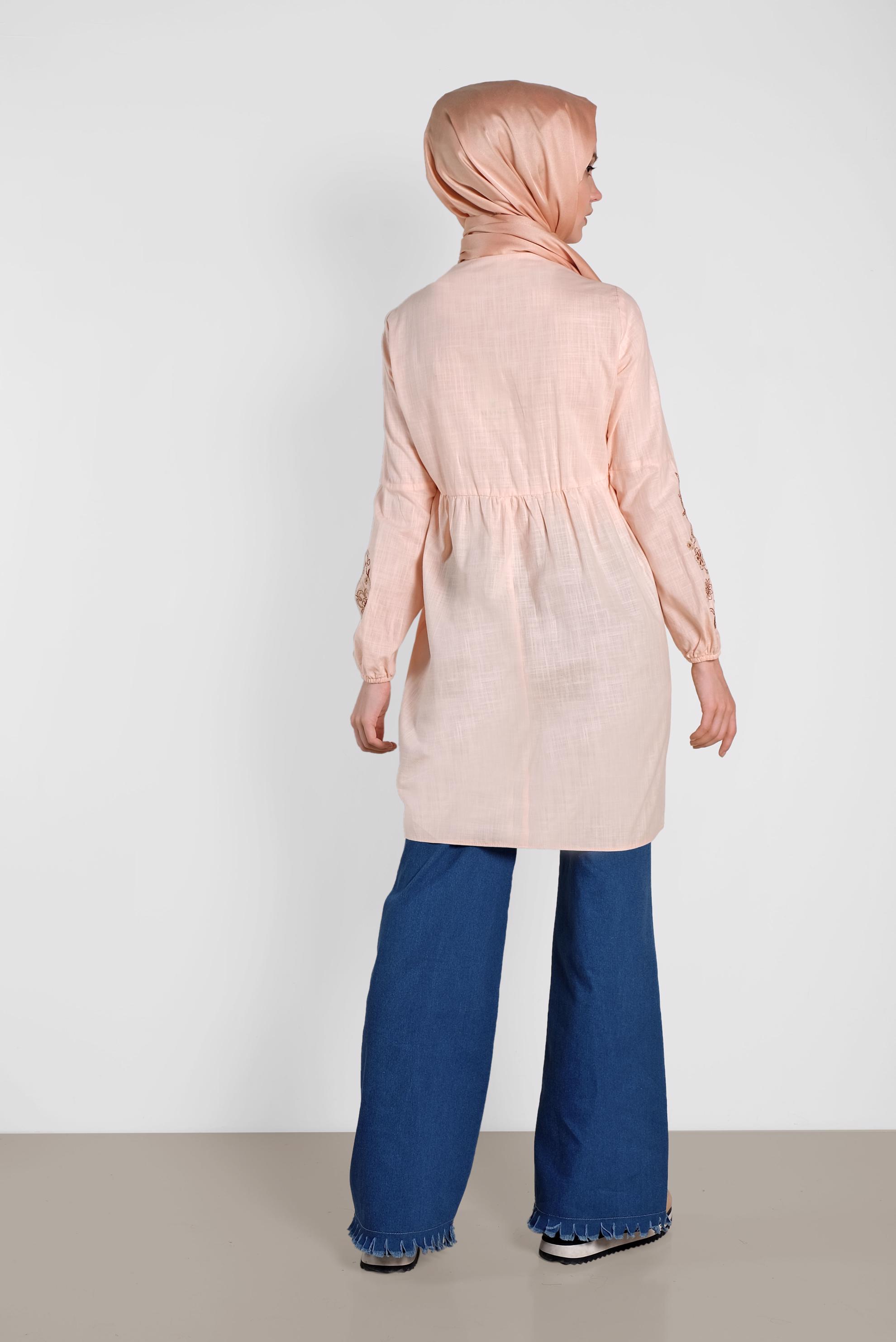 Tesettür giyim PUDRA  NAKIŞLI KETEN TUNİK 4472