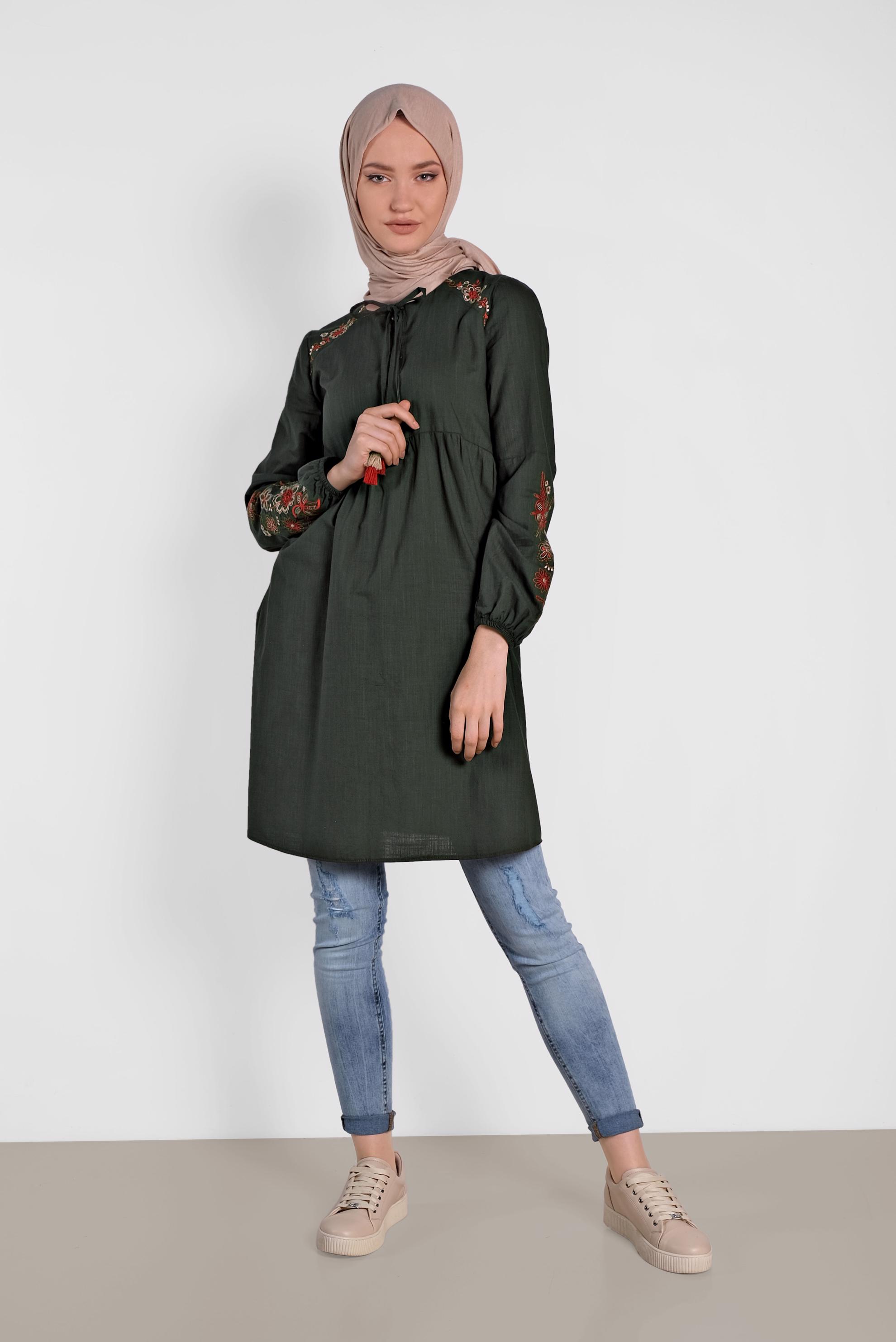 Tesettür giyim HAKİ  NAKIŞLI KETEN TUNİK 4472