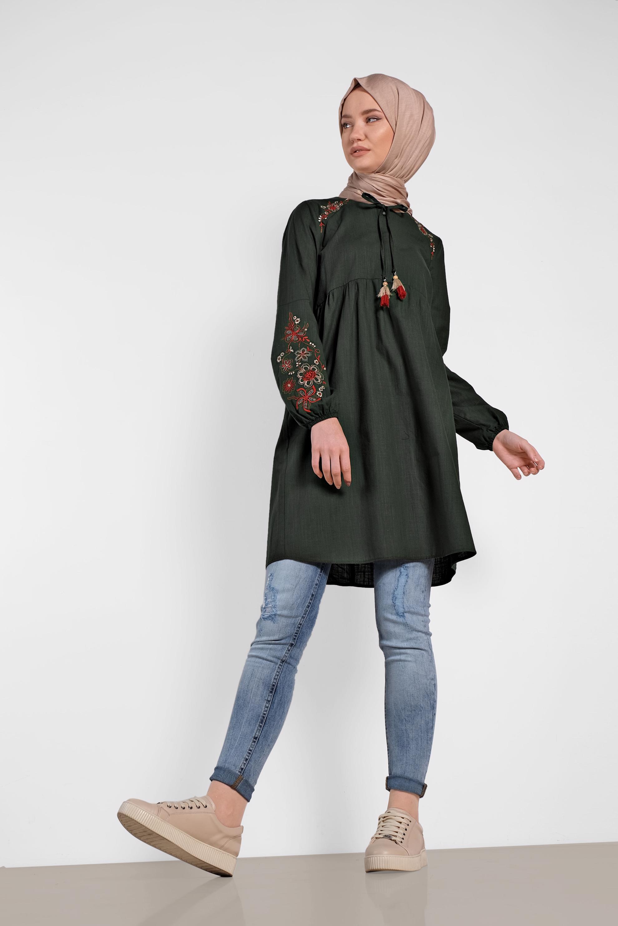 Tesettür giyim HAKİ  NAKIŞLI KETEN TUNİK 4472