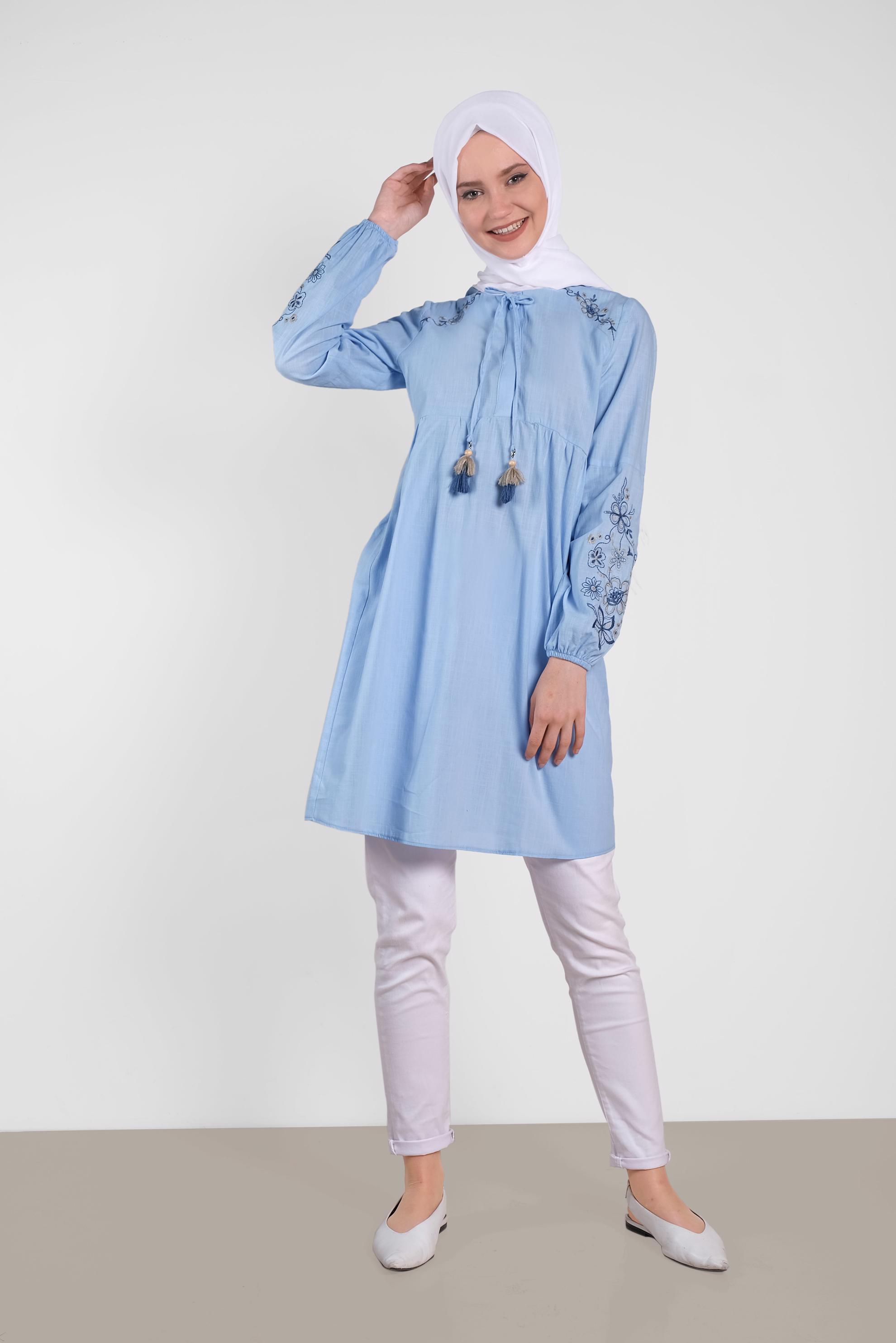 Tesettür giyim MAVİ  NAKIŞLI KETEN TUNİK 4472