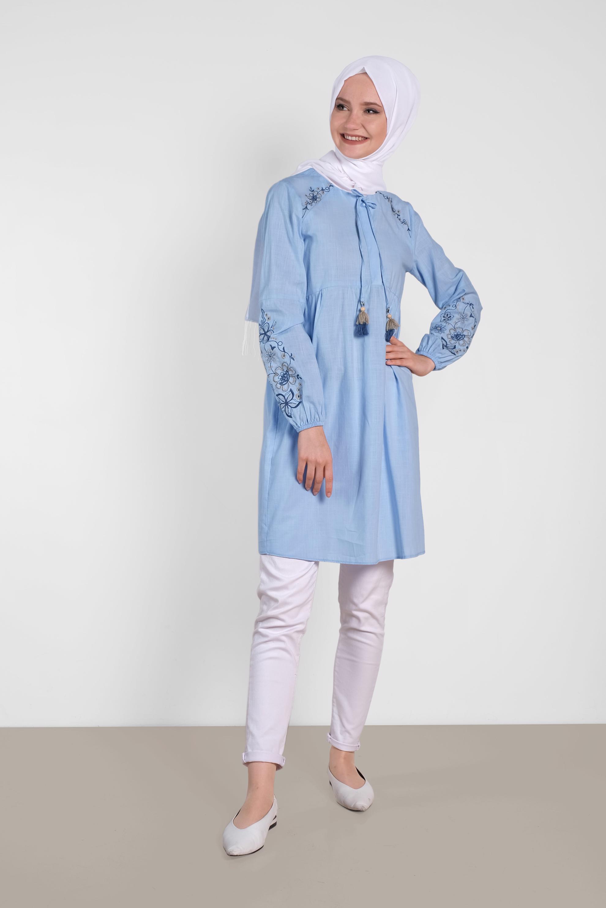 Tesettür giyim MAVİ  NAKIŞLI KETEN TUNİK 4472