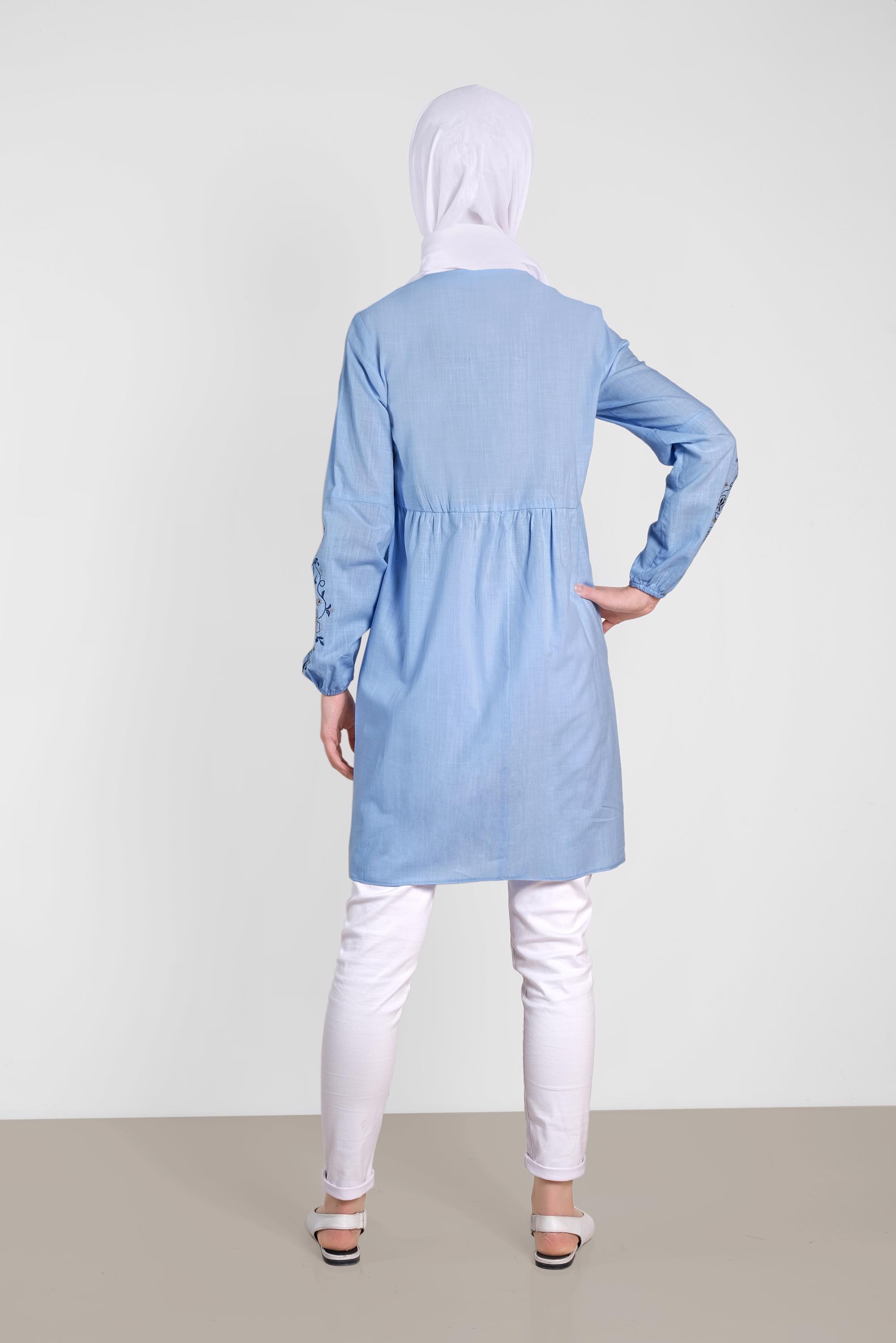 Tesettür giyim MAVİ  NAKIŞLI KETEN TUNİK 4472