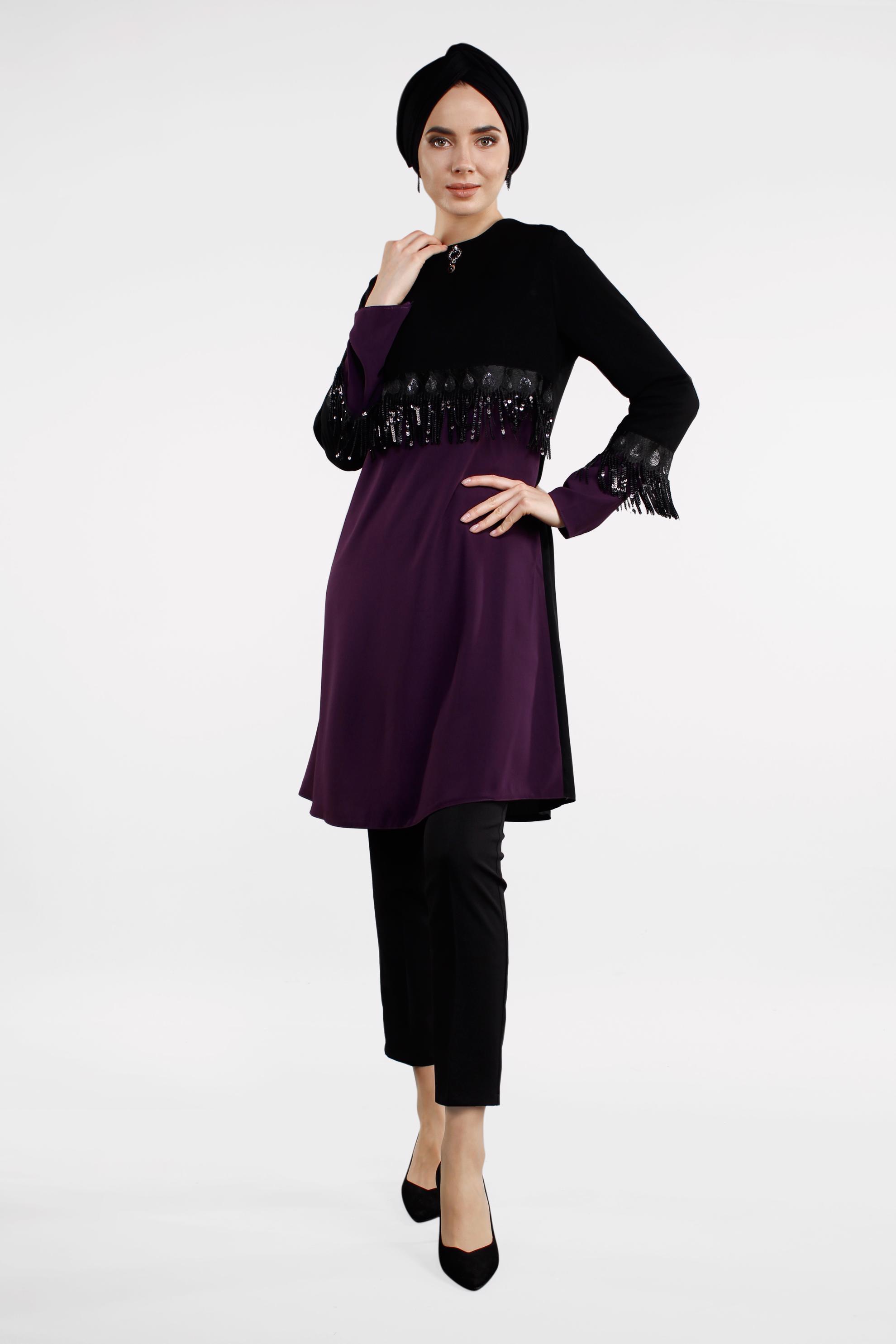 Tesettür giyim MOR PÜSKÜL DETAYLI TUNİK 4502 