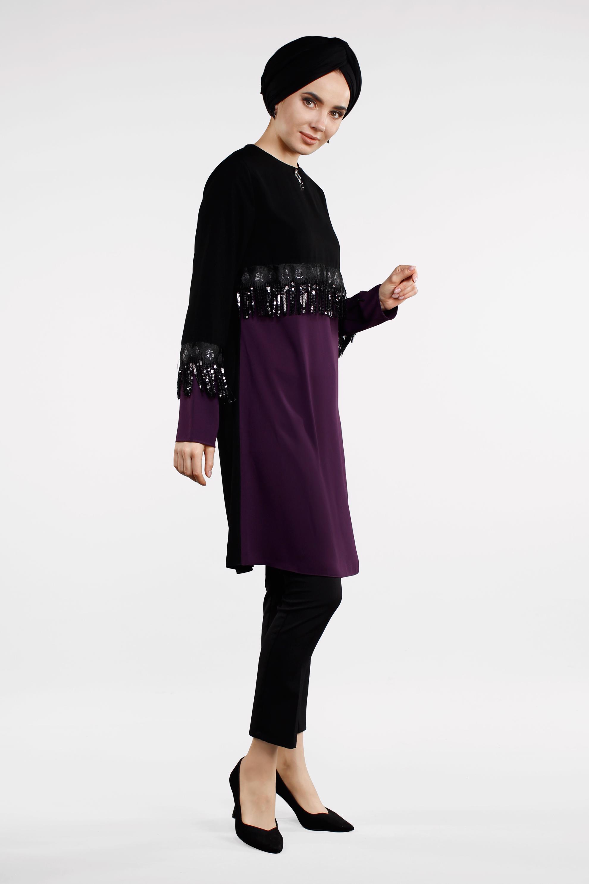 Tesettür giyim MOR PÜSKÜL DETAYLI TUNİK 4502 