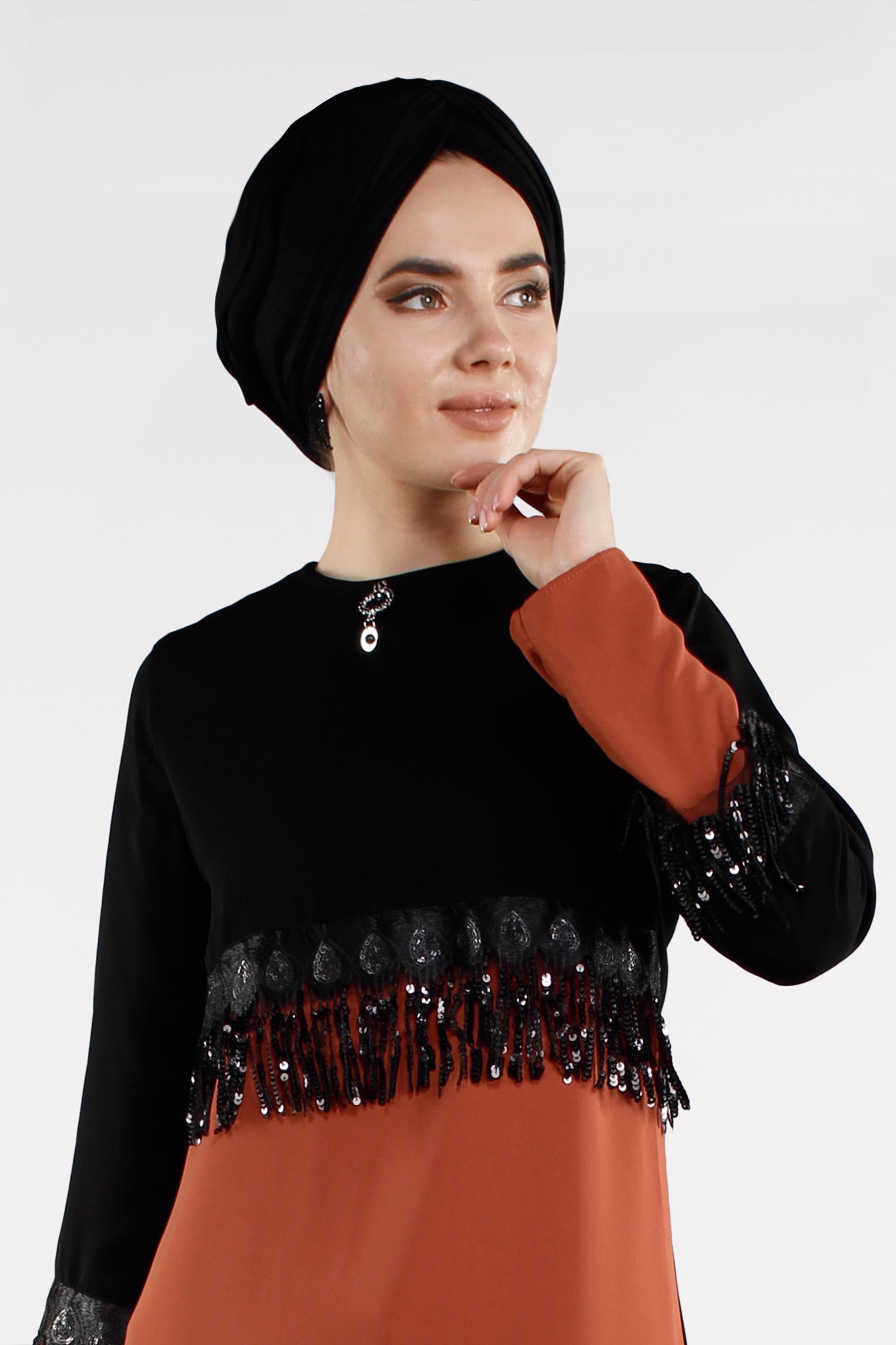 Tesettür giyim TURUNCU PÜSKÜL DETAYLI TUNİK 4502 