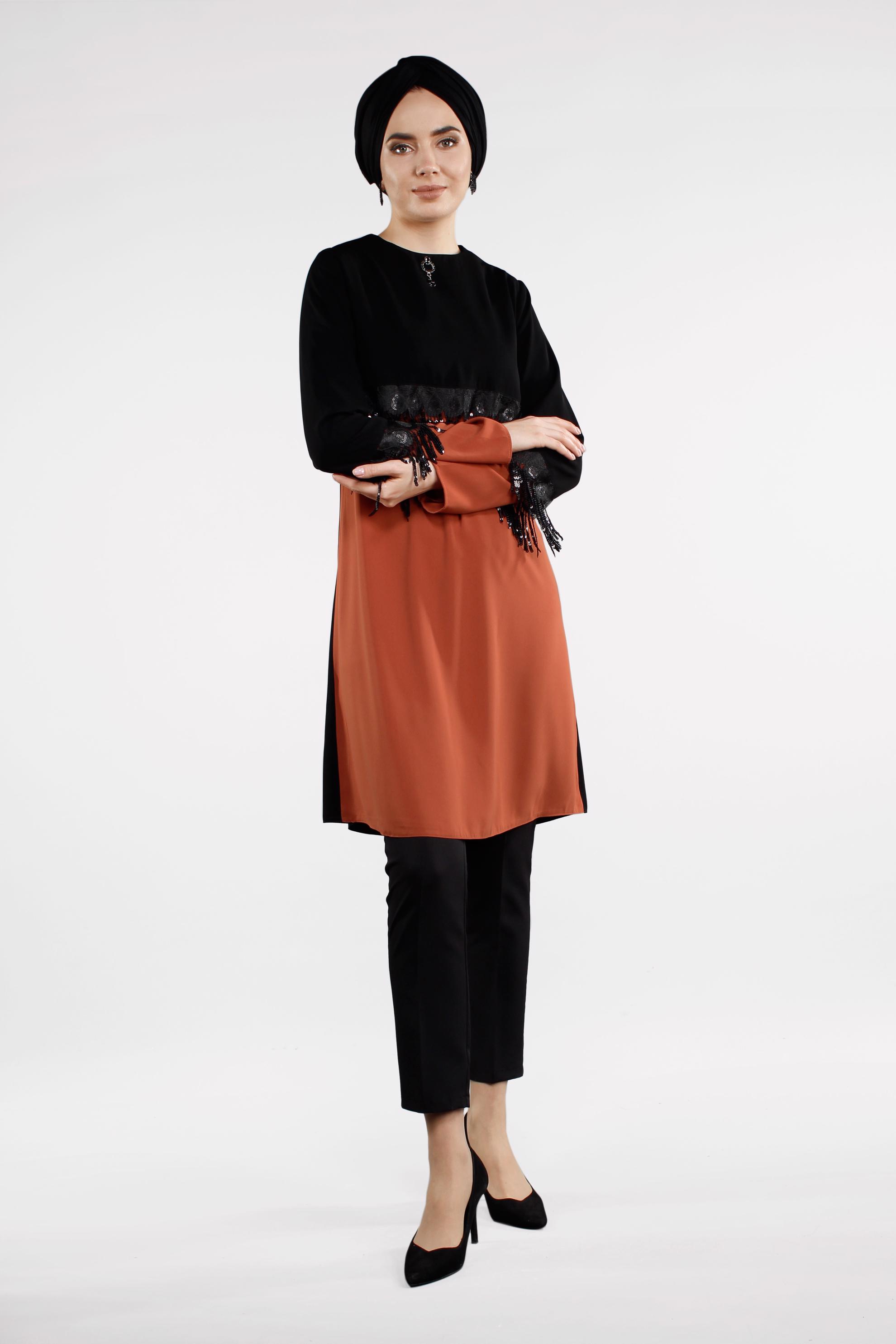 Tesettür giyim TURUNCU PÜSKÜL DETAYLI TUNİK 4502 