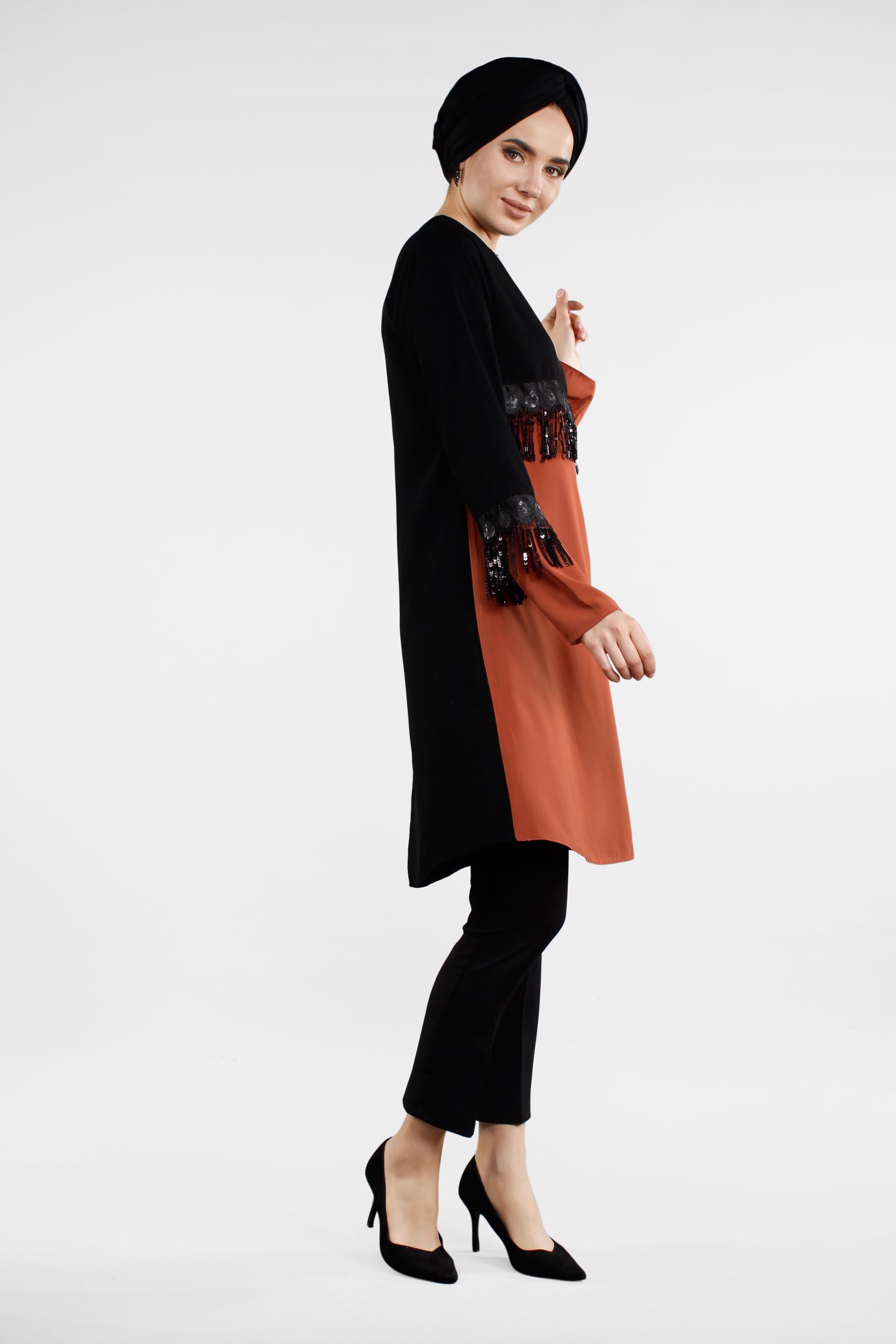 Tesettür giyim TURUNCU PÜSKÜL DETAYLI TUNİK 4502 