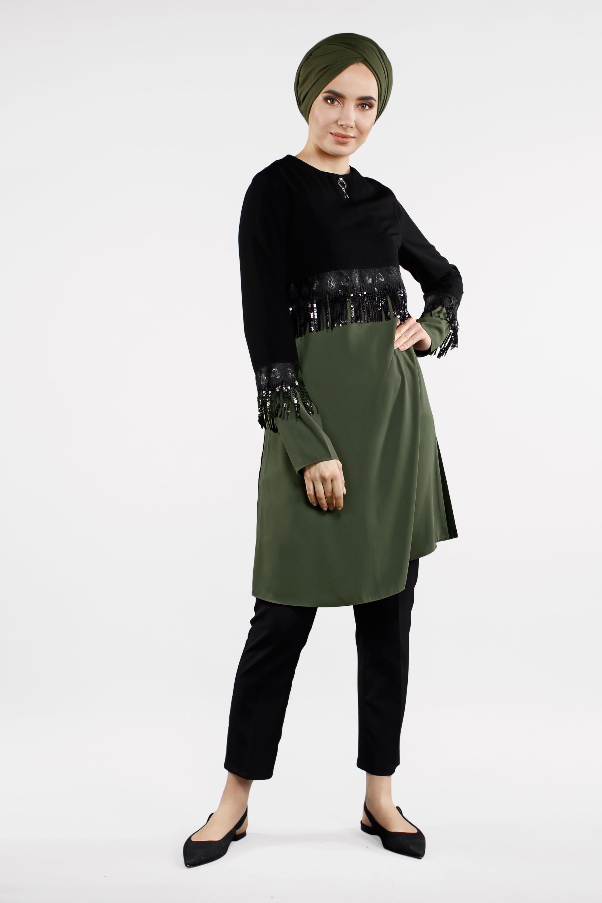 Tesettür giyim HAKİ PÜSKÜL DETAYLI TUNİK 4502 
