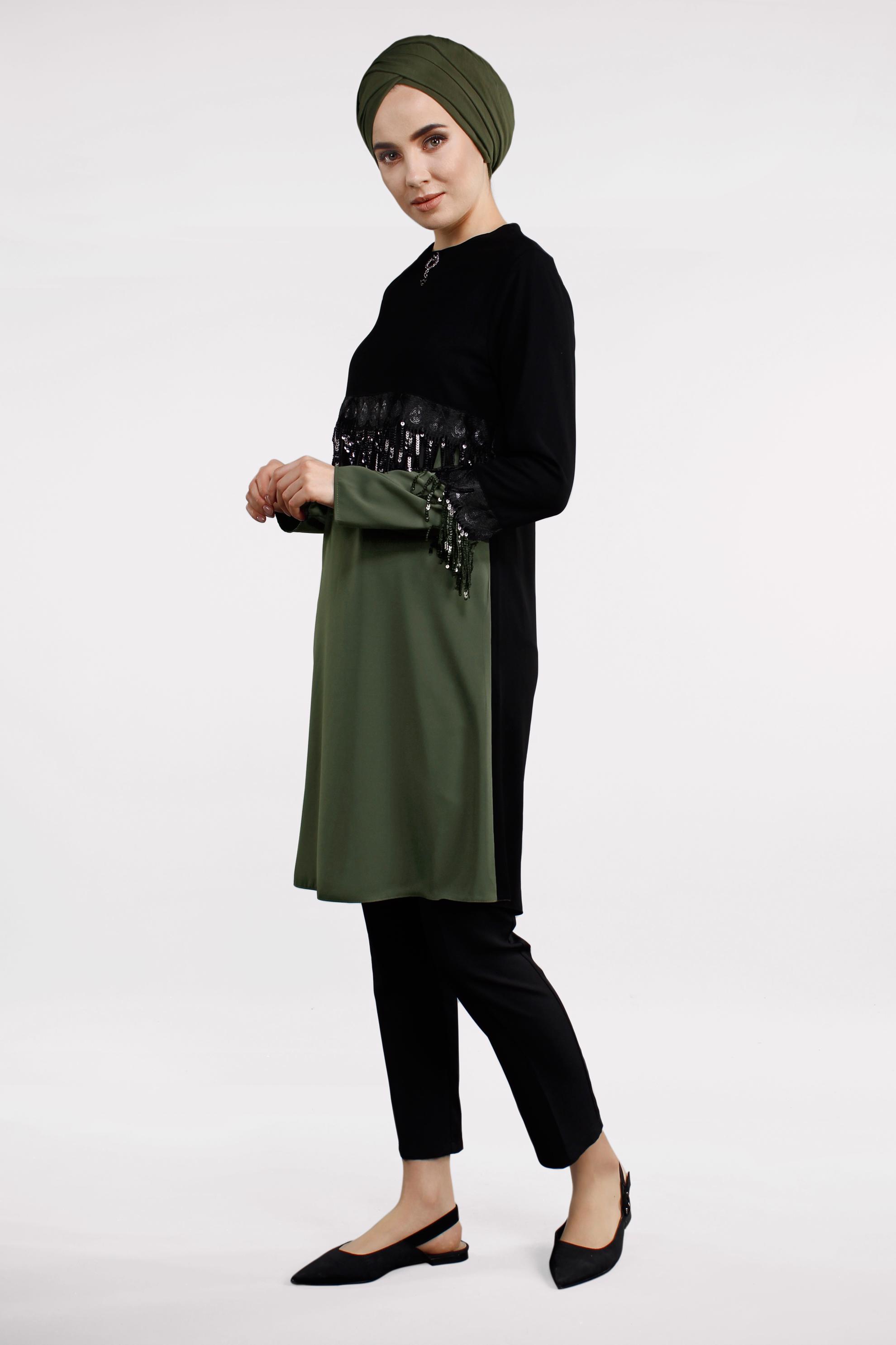 Tesettür giyim HAKİ PÜSKÜL DETAYLI TUNİK 4502 