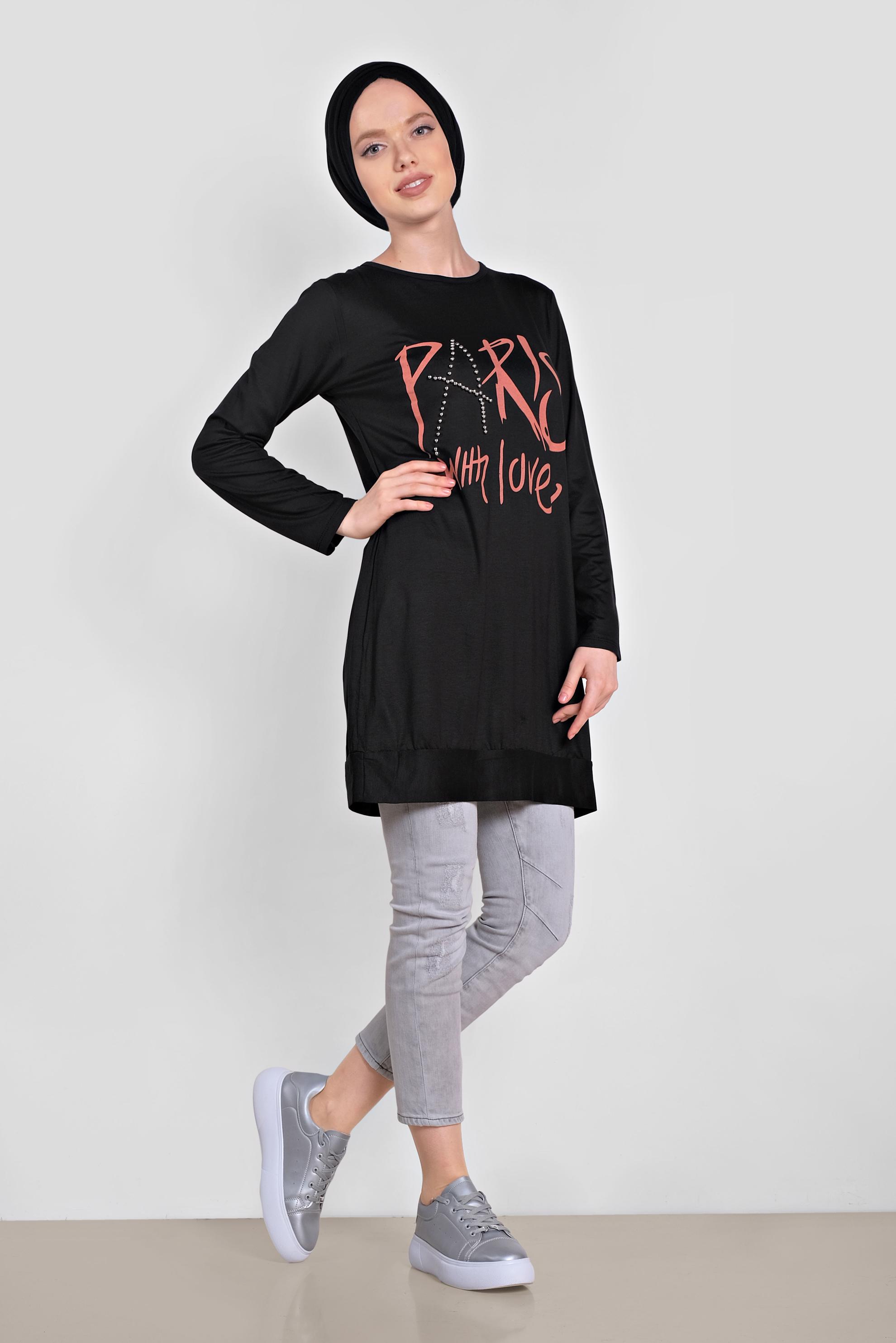 Tesettür giyim SİYAH BONCUK VE BASKI DETAYLI TUNİK 4506 