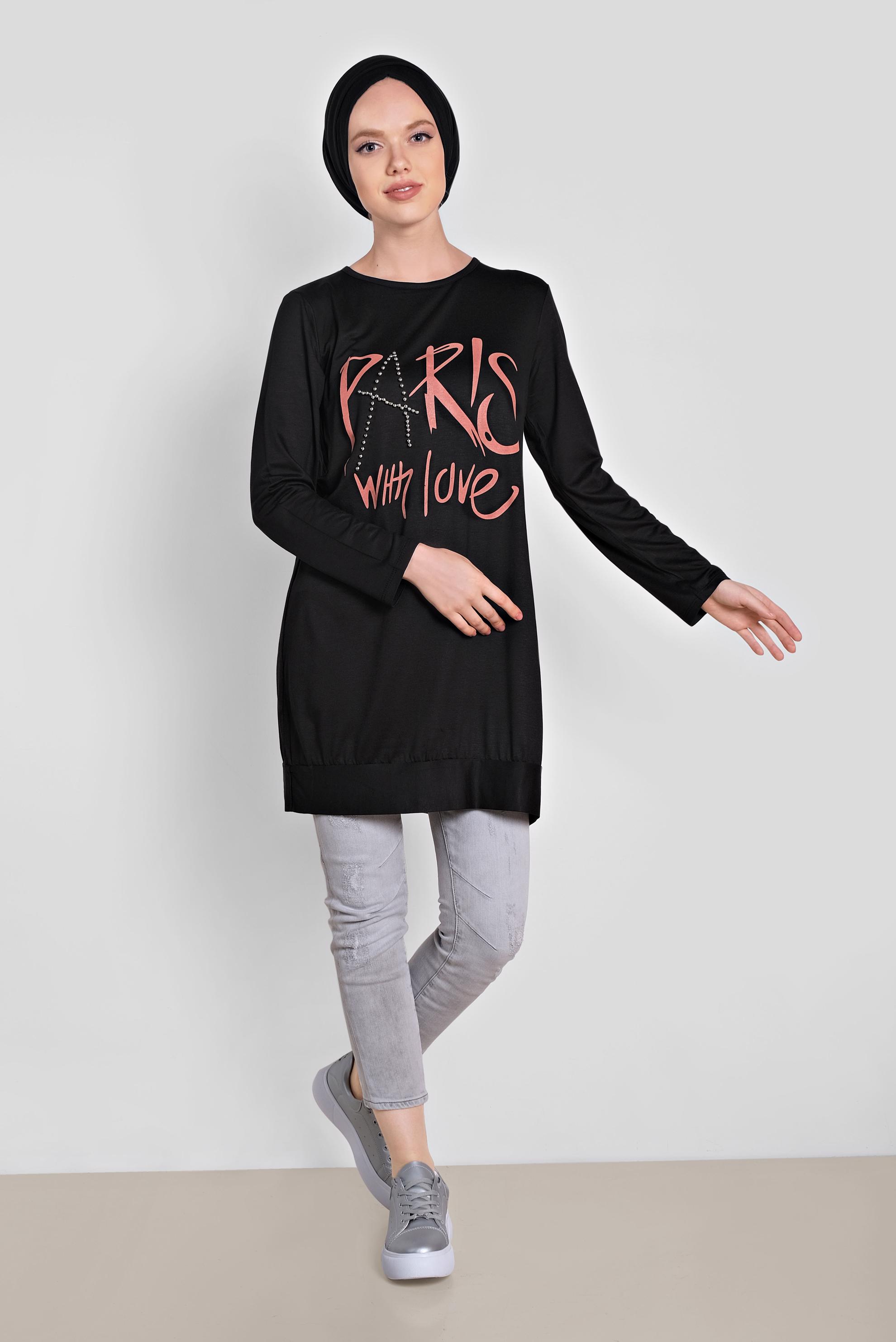 Tesettür giyim SİYAH BONCUK VE BASKI DETAYLI TUNİK 4506 