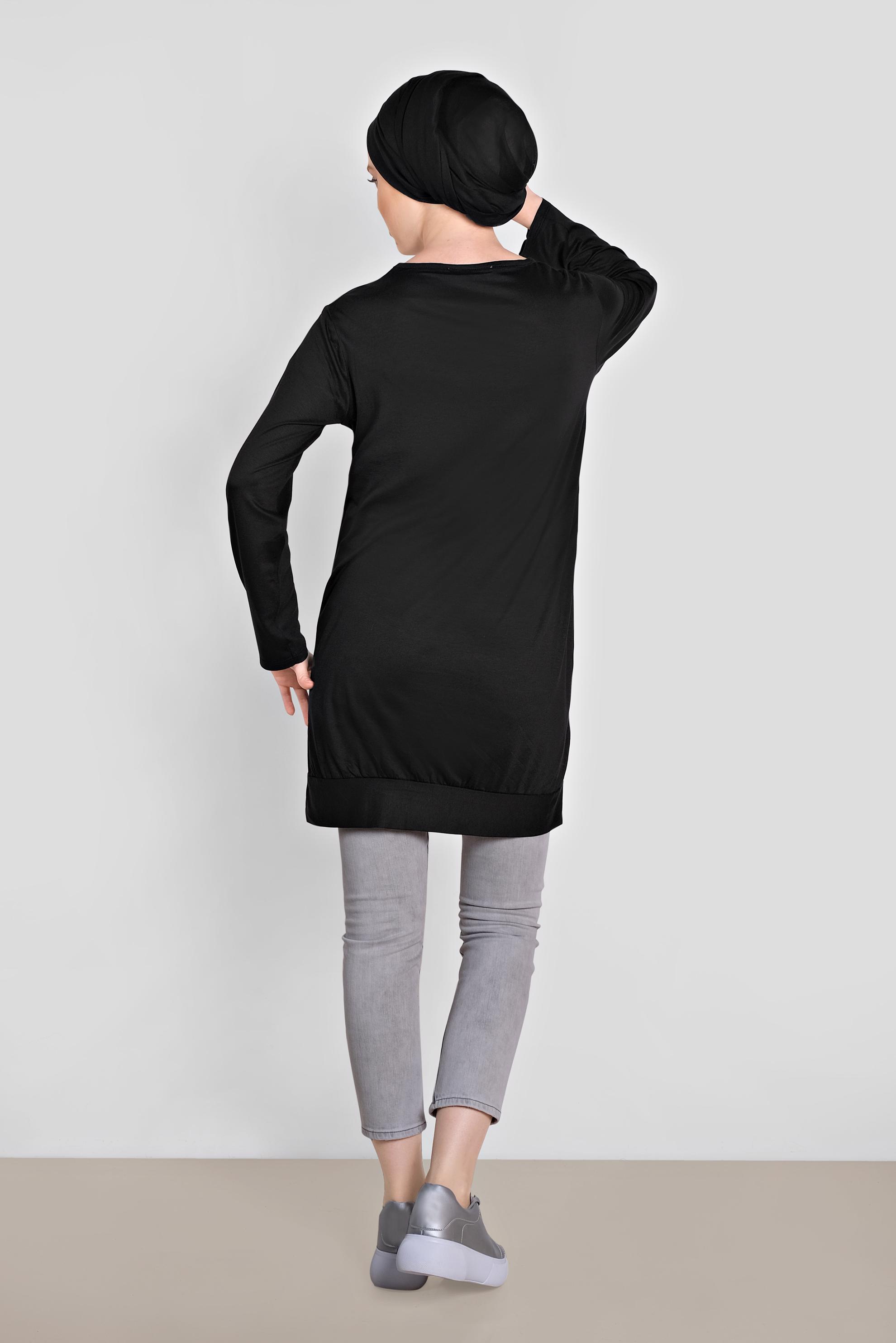 Tesettür giyim SİYAH BONCUK VE BASKI DETAYLI TUNİK 4506 