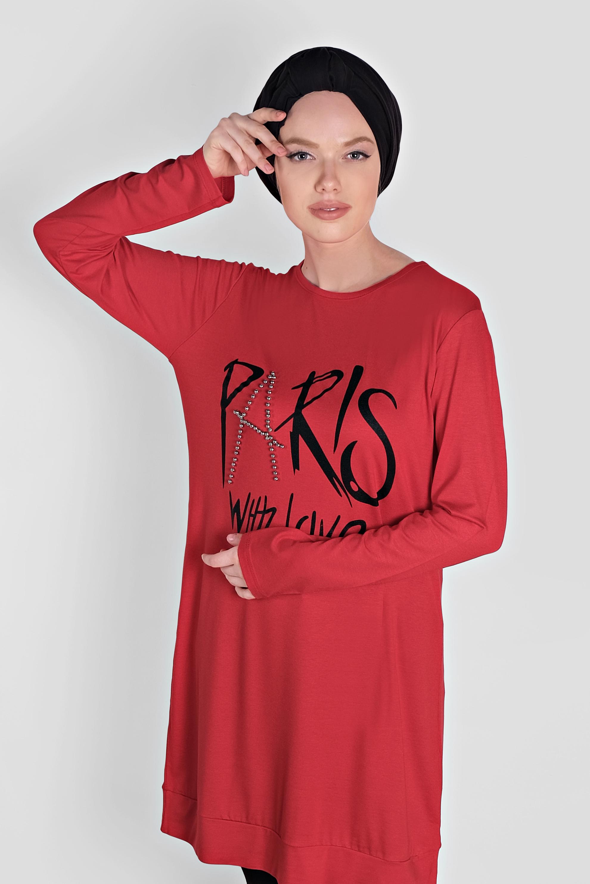 Tesettür giyim KIRMIZI BONCUK VE BASKI DETAYLI TUNİK 4506 