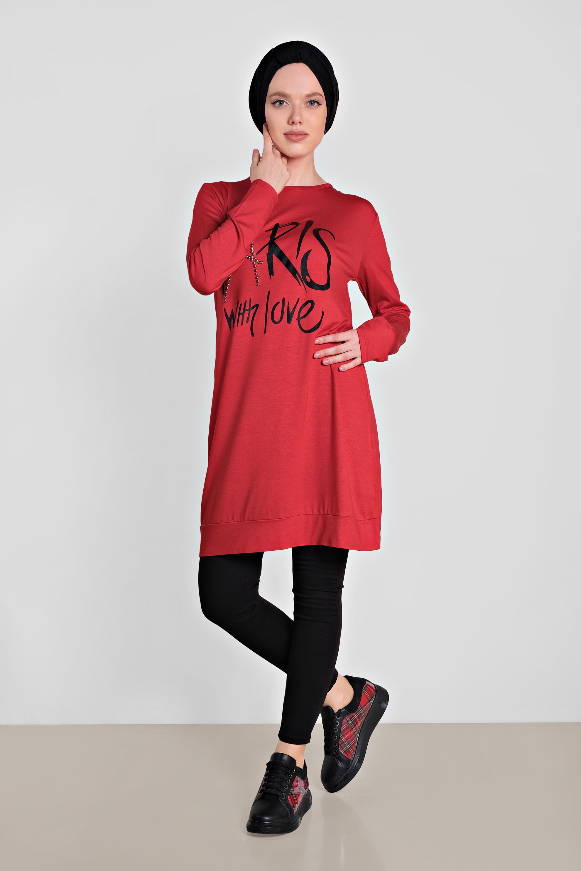 Tesettür giyim KIRMIZI BONCUK VE BASKI DETAYLI TUNİK 4506 