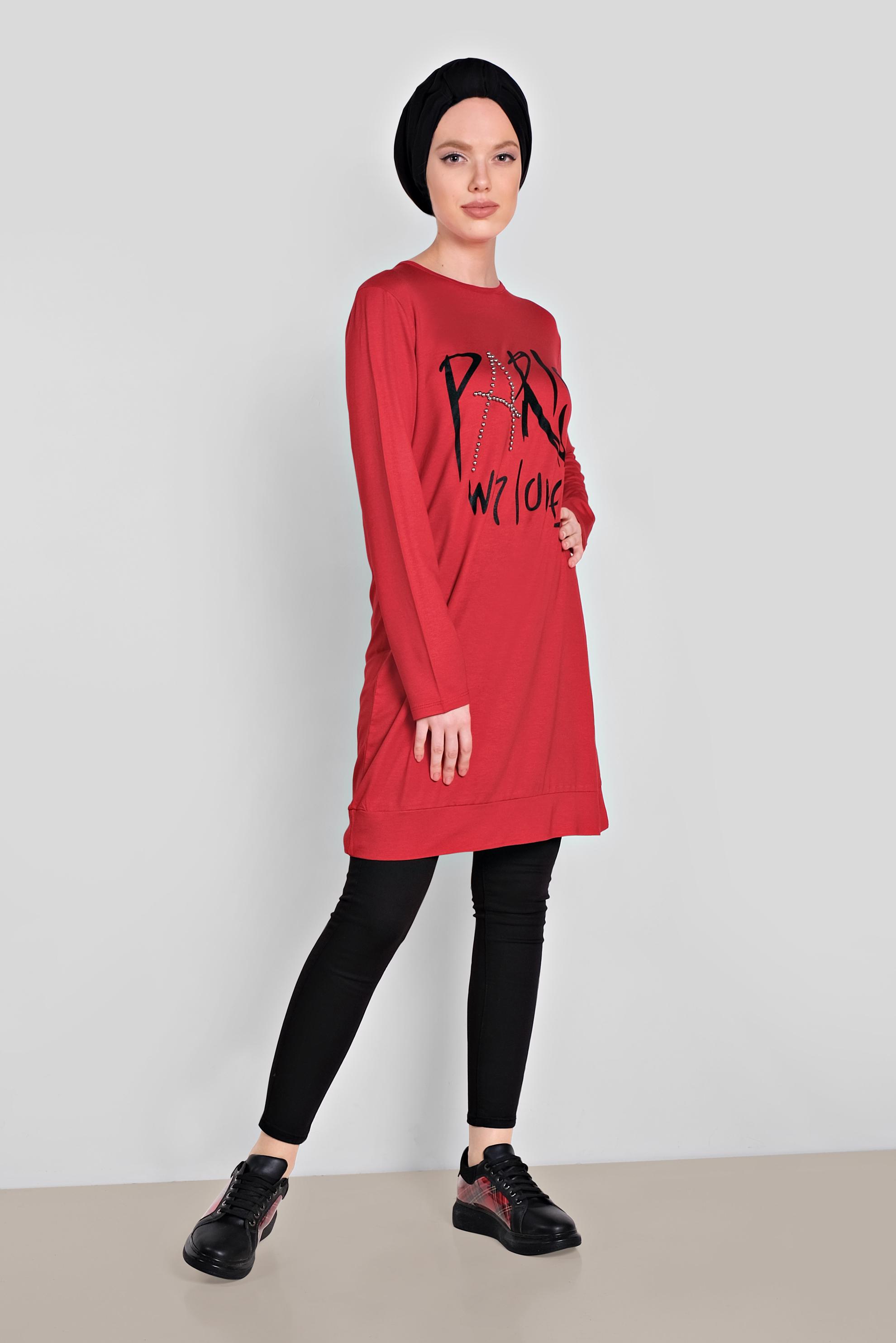 Tesettür giyim KIRMIZI BONCUK VE BASKI DETAYLI TUNİK 4506 